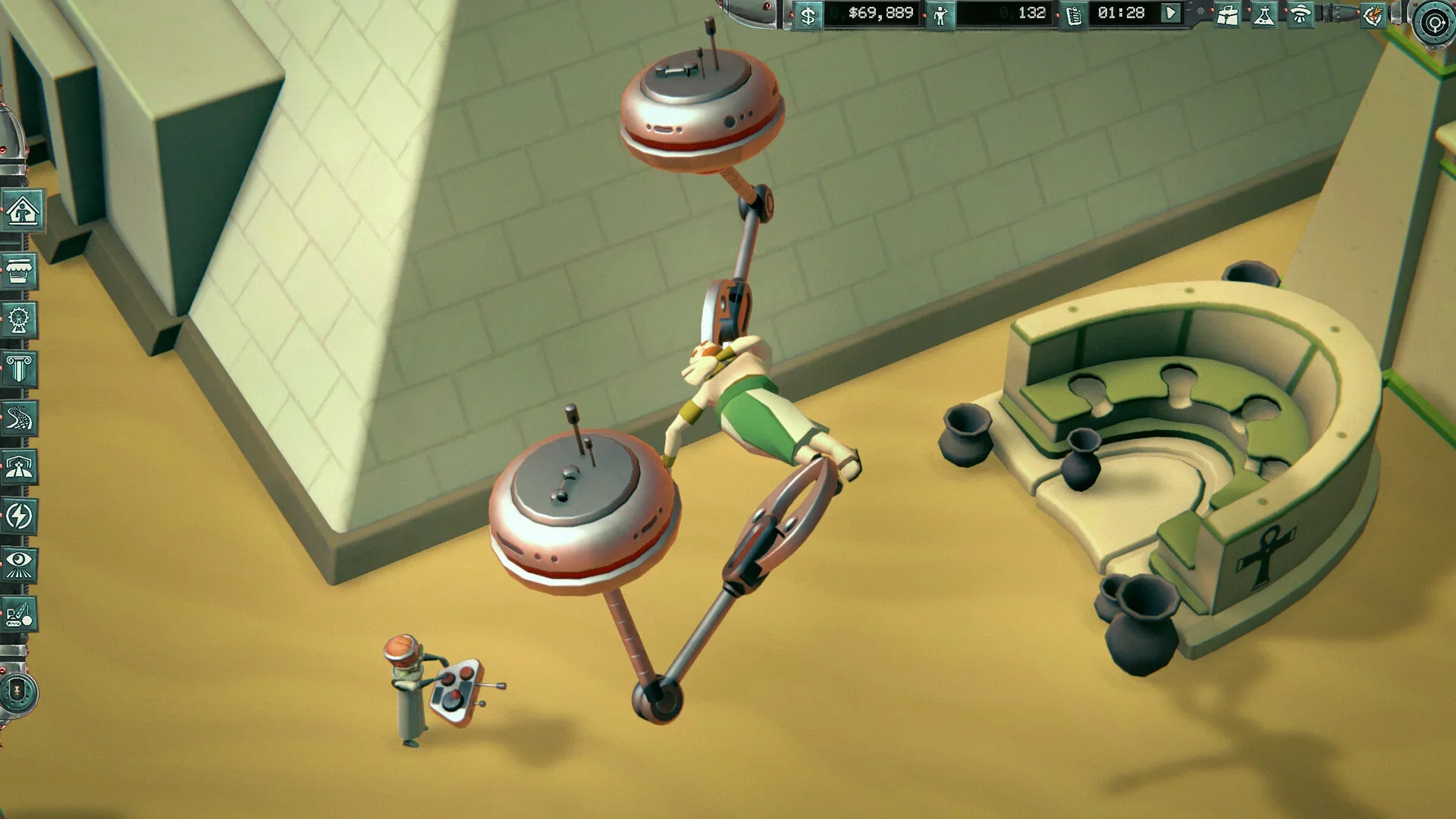 A pharaoh-like figure is held aloft by a futuristic mechanical arm in a stylized ancient Egyptian desert scene, featuring a pyramid, a circular green altar, and a small robot operating a console.
