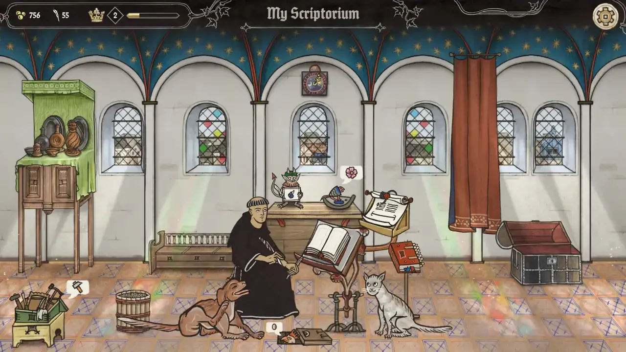 Gameplay screenshot of Scriptorium: Master of Manuscripts featuring a monk at a writing desk in a medieval scriptorium with a cat, dog, and stylized manuscript art.