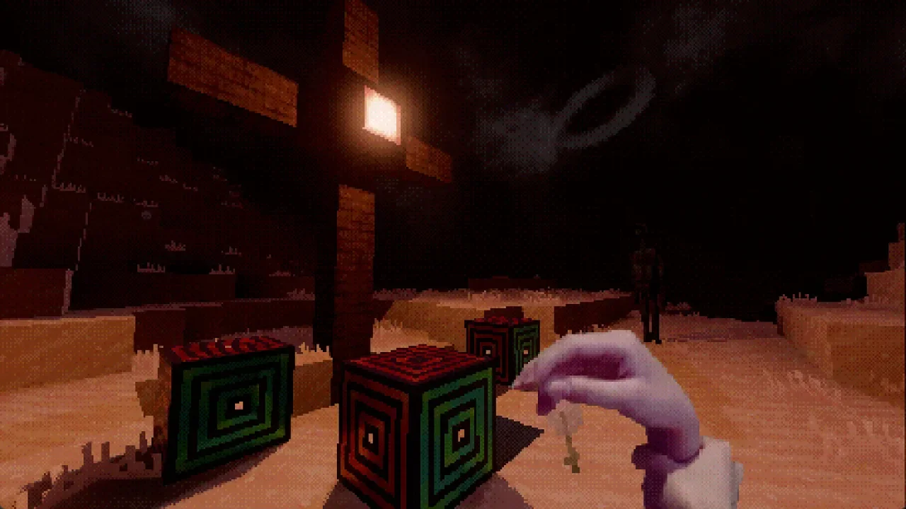 First-person gameplay screenshot from Lucid Blocks featuring a pale hand, patterned cubes, and a glowing cross in a dark, surreal environment.