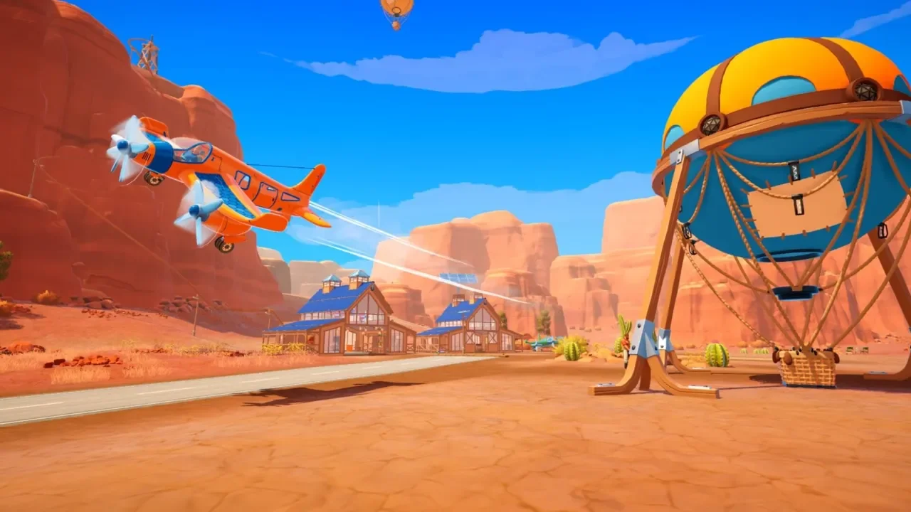 A vibrant gameplay screenshot from Outbound featuring an orange propeller plane flying over a desert landscape with solar-powered buildings and a large colorful airship.
