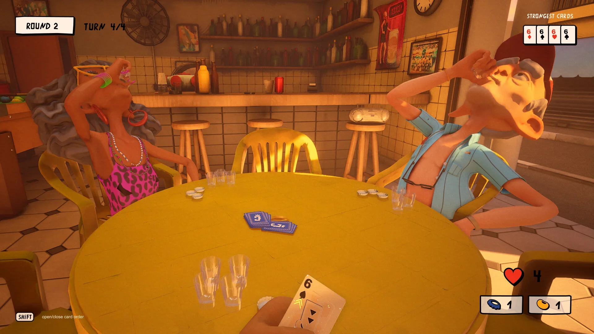 A gameplay screenshot from Capote showing a round of cards in a dimly lit, stylized bar. The player holds a 6, while two highly expressive, anthropomorphic opponents sit across a yellow table.