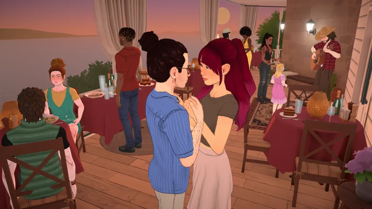 A group of Parafolks enjoying a sunset dinner party on a balcony overlooking the water in Paralives, featuring a couple slow dancing and a character playing acoustic guitar.