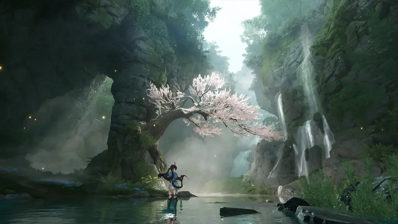 Arknights Endfield operator stands in a misty valley beneath a giant arching sakura tree and cascading waterfalls.