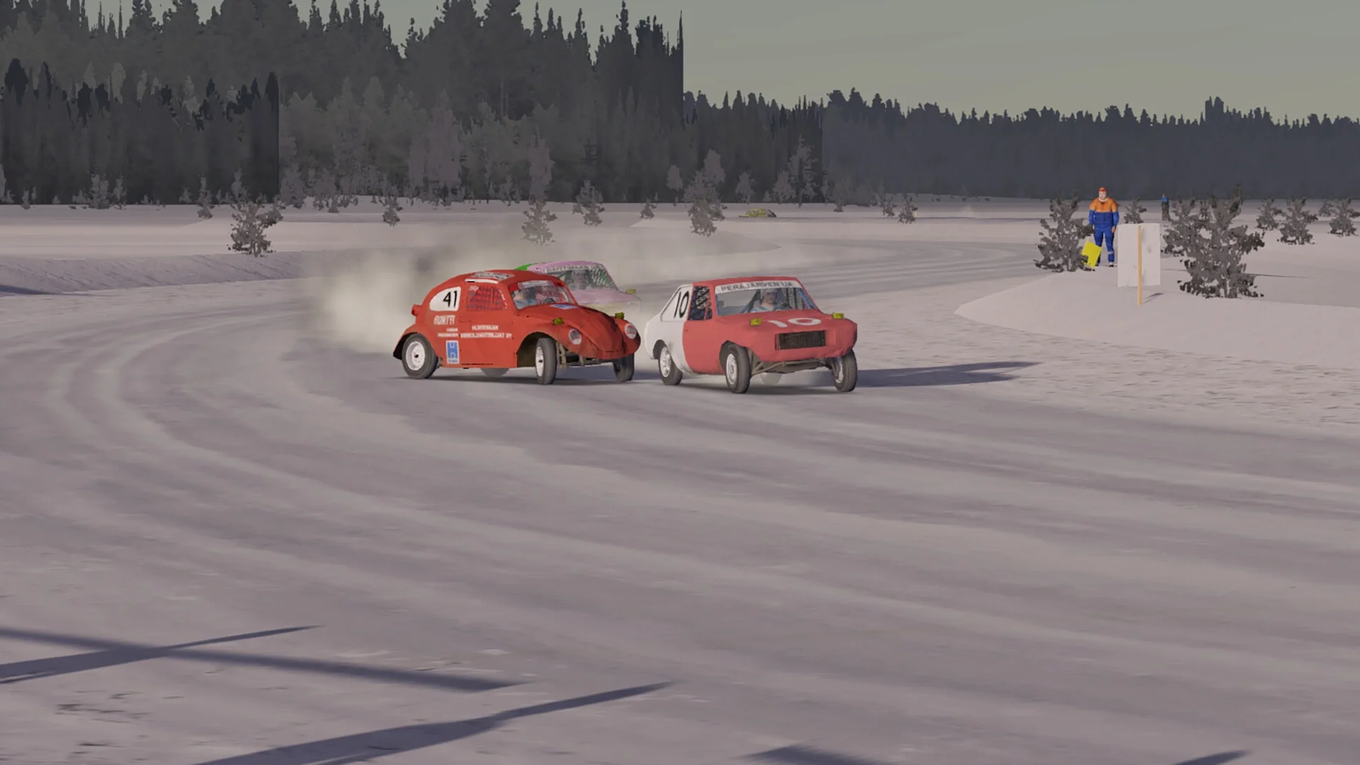 A screenshot from My Winter Car showing three highly-modified rally cars racing and kicking up snow on a frozen track surrounded by a pine forest.