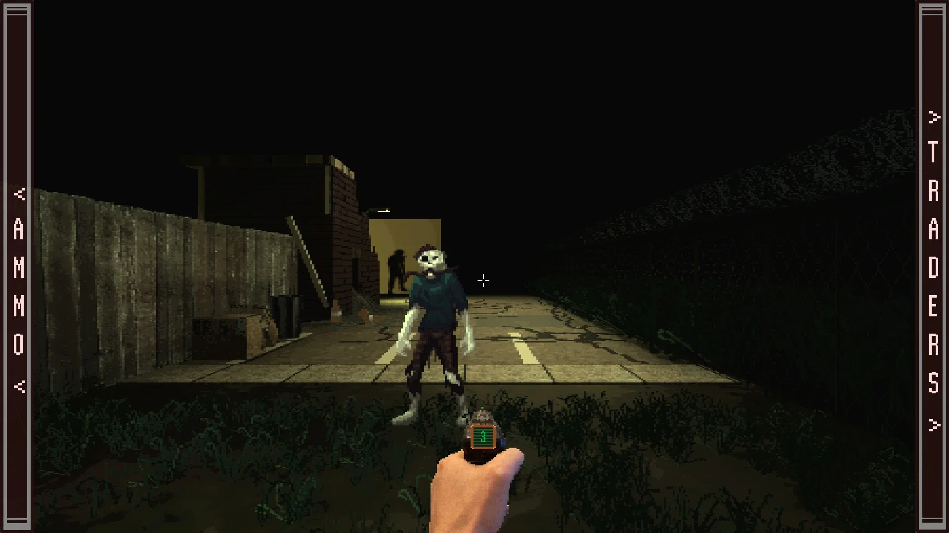 A dark, retro first-person screenshot from Service with a Shotgun, where the player aims a handgun at a pale, pixelated zombie standing in a dimly lit alleyway.