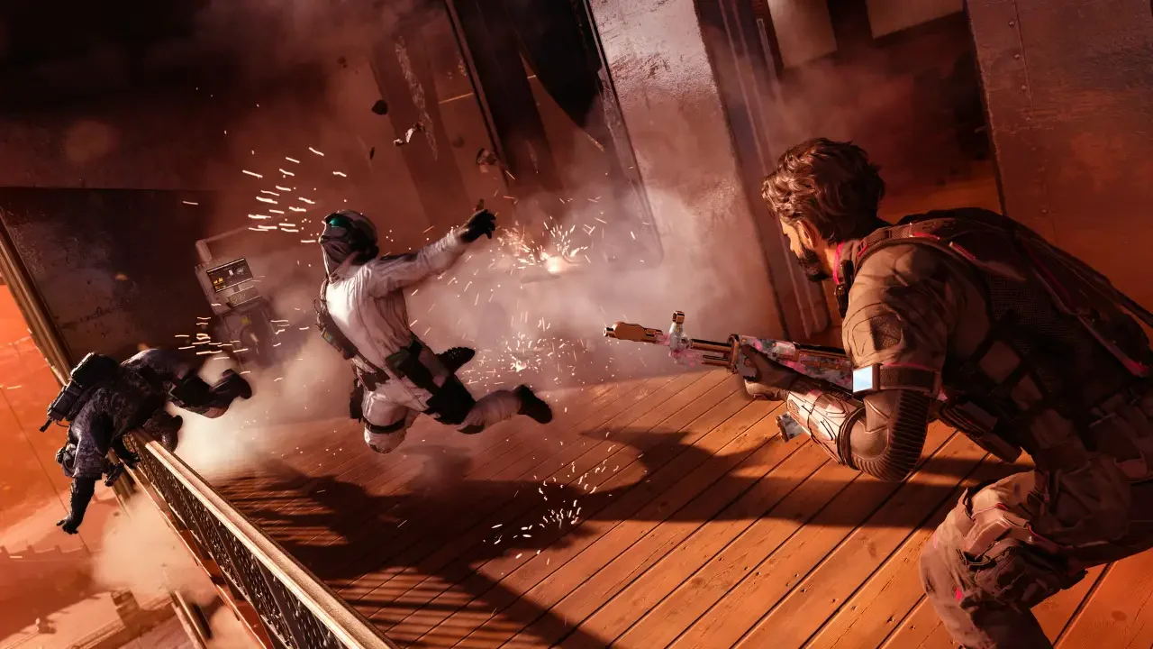Action-packed Call of Duty: Black Ops 7 gameplay screenshot showing a soldier in tactical gear firing an assault rifle at enemies on a wooden balcony during a cinematic firefight.