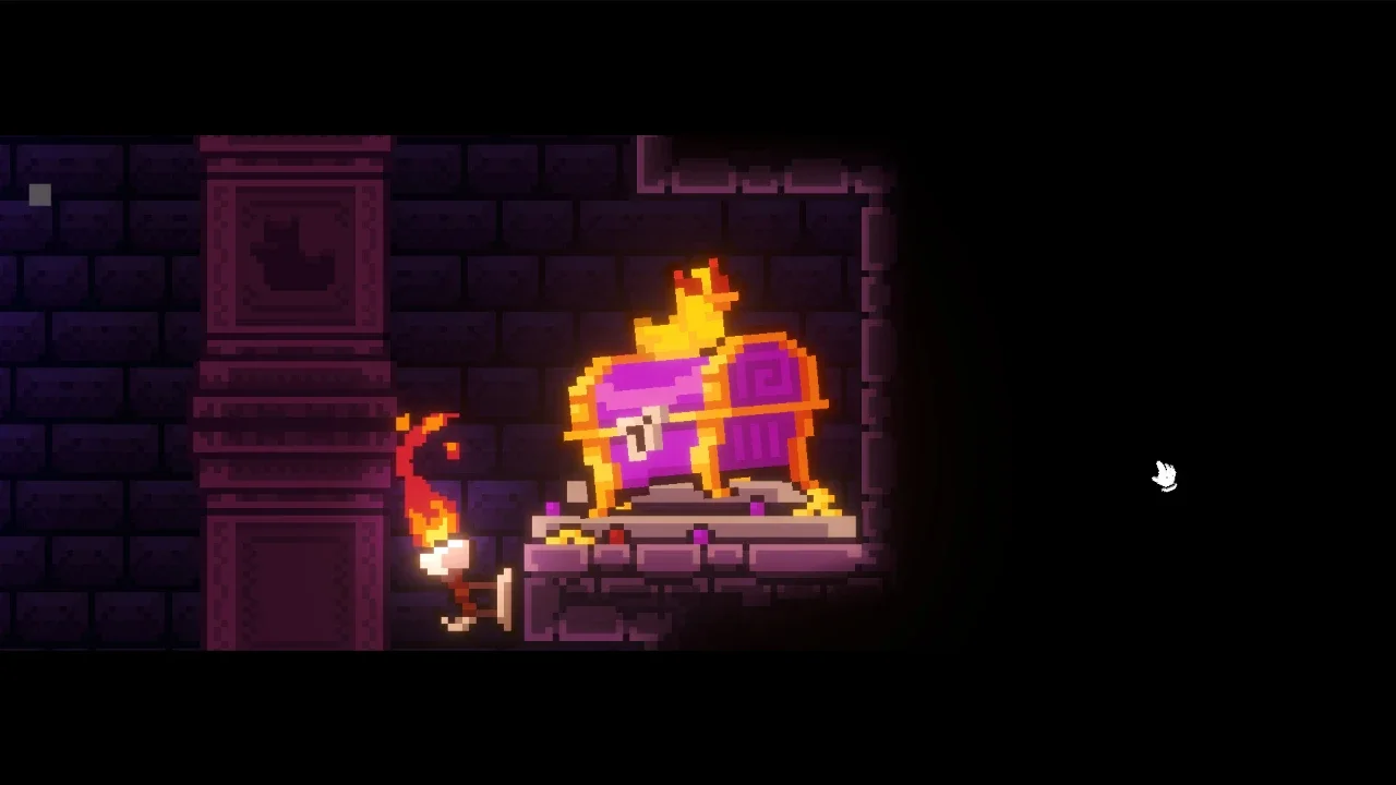 A pixel art screenshot of a glowing purple and gold treasure chest in a dark dungeon from the game All Hail the Orb.