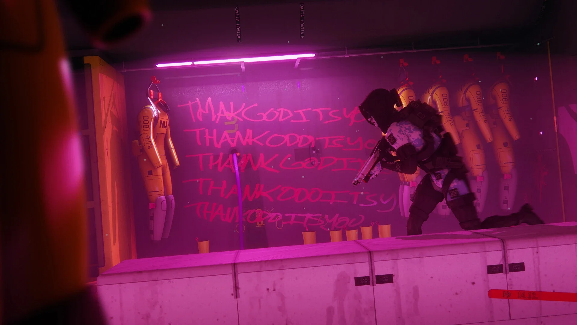 A gritty screenshot from Marathon featuring a hooded soldier holding a rifle in a magenta-lit corridor. The wall behind them is covered in graffiti reading "THANK GOD IT'S YOU," adjacent to rows of hanging yellow containment suits.
