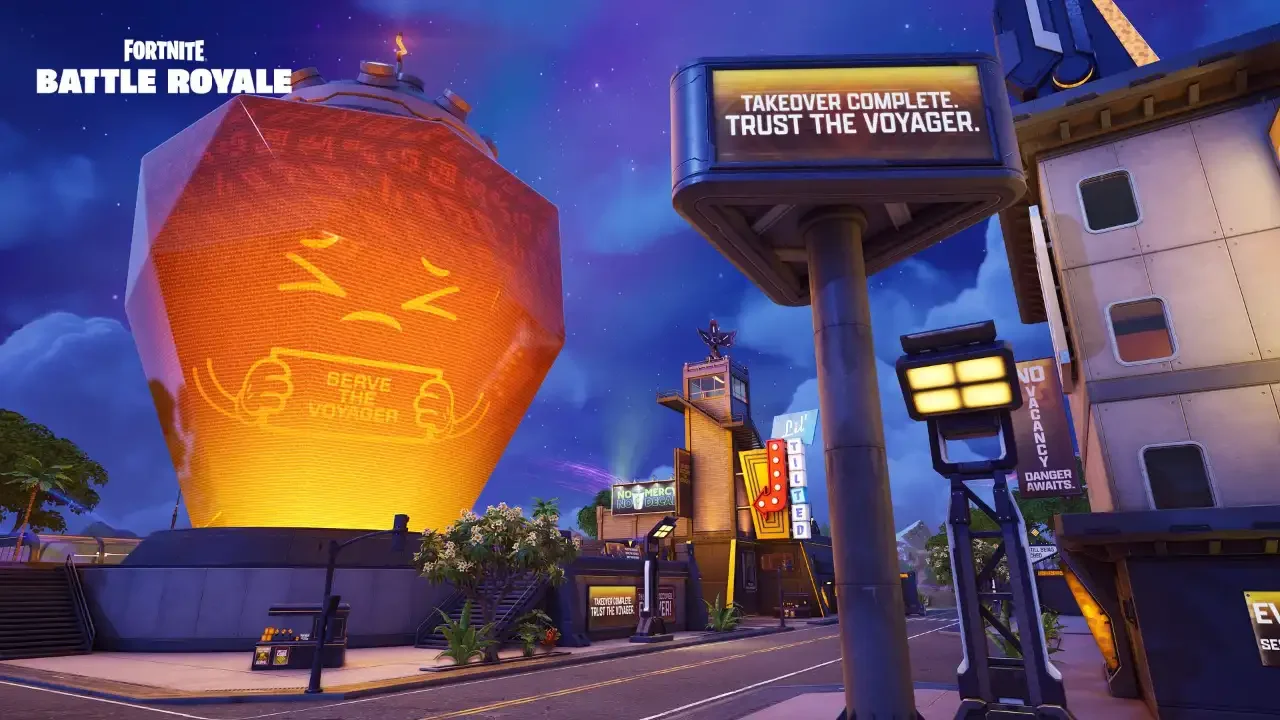 Fortnite Battle Royale gameplay screenshot of a city street at night featuring a massive glowing orange hologram and a billboard reading "Takeover Complete. Trust the Voyager."