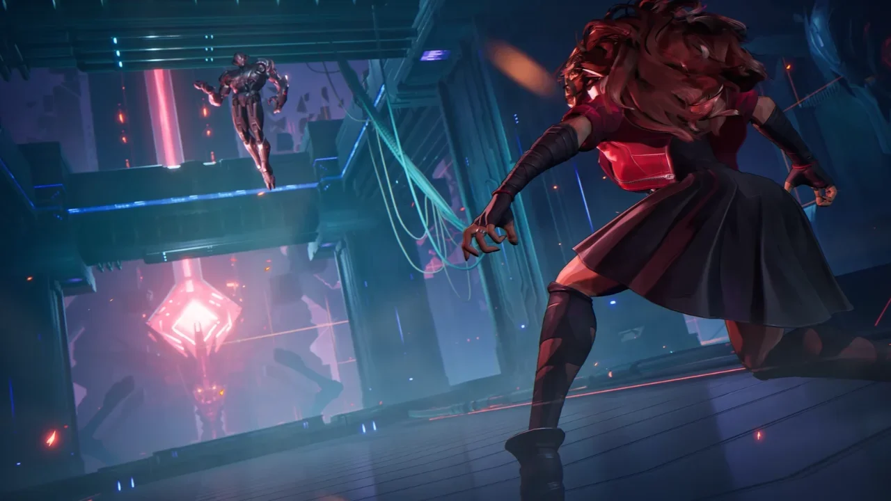 Scarlet Witch prepares for battle against a hovering Ultron in a futuristic, neon-lit industrial arena in this Marvel Rivals gameplay screenshot.