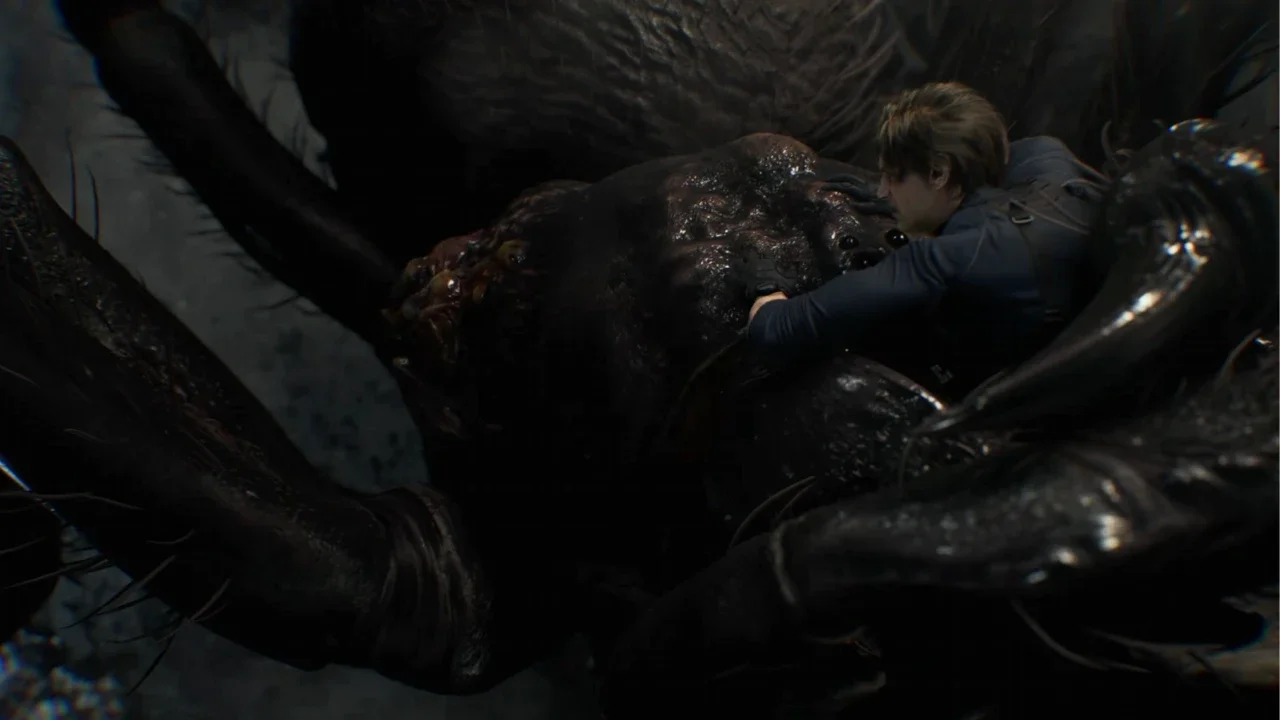 Leon S. Kennedy attacks the massive, grotesque Titan Spinner boss in Resident Evil Requiem, targeting its exposed, fleshy weak point.