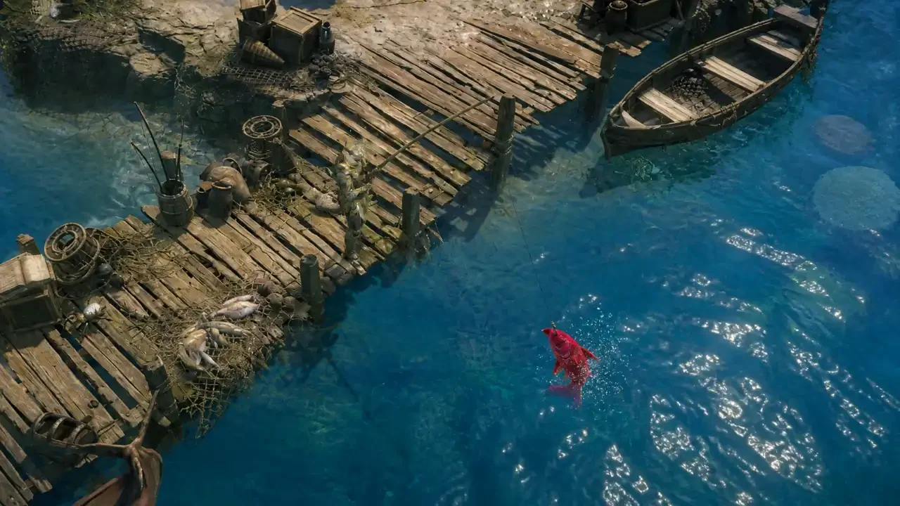 Diablo 4 Vessel of Hatred gameplay screenshot featuring a character in golden armor fishing from a wooden dock and catching a large red fish in tropical blue water.