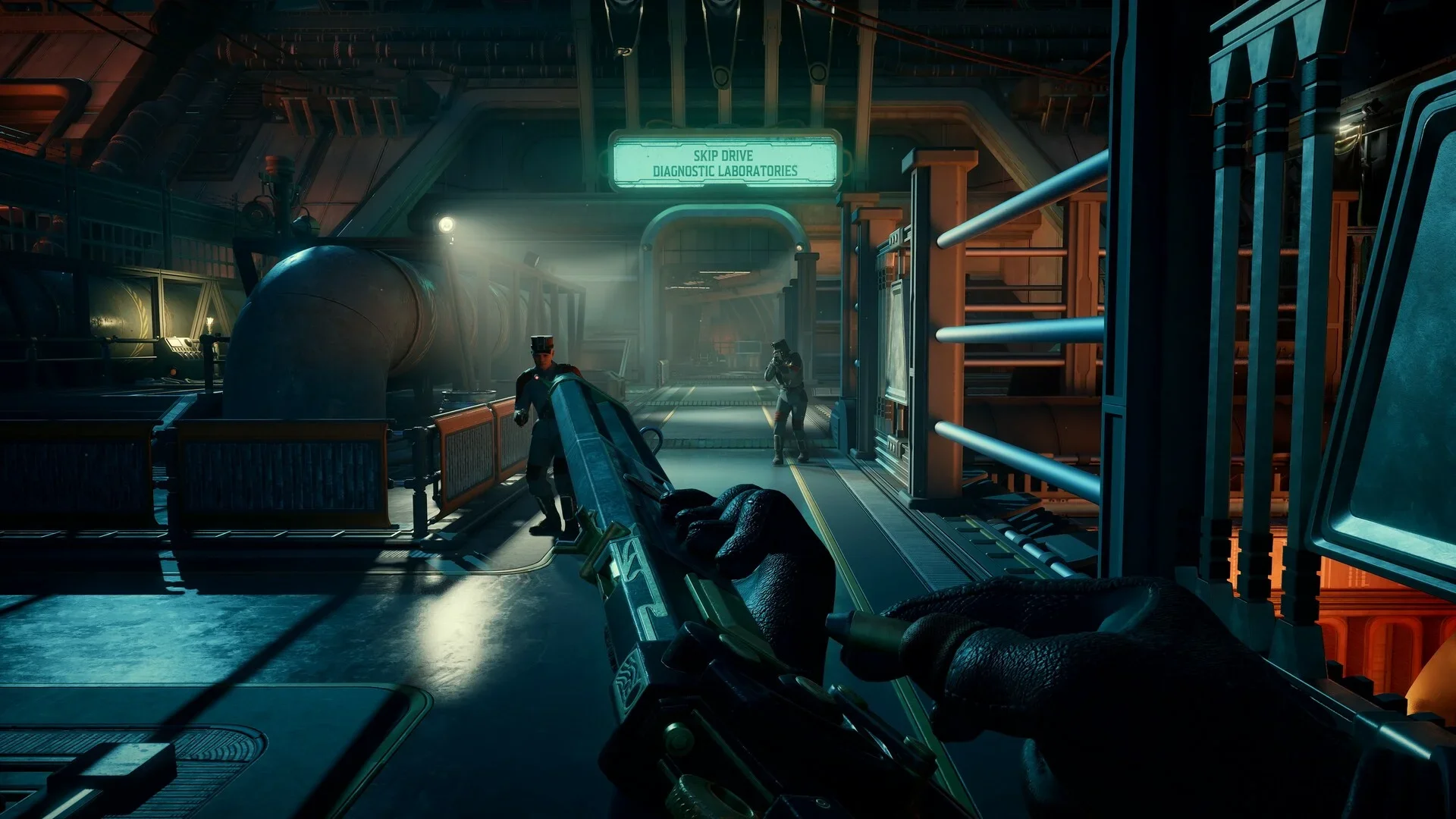 A first-person screenshot from The Outer Worlds 2 showing the player aiming a stylized rifle at two uniformed guards inside the neon-lit "Skip Drive Diagnostic Laboratories" industrial area.