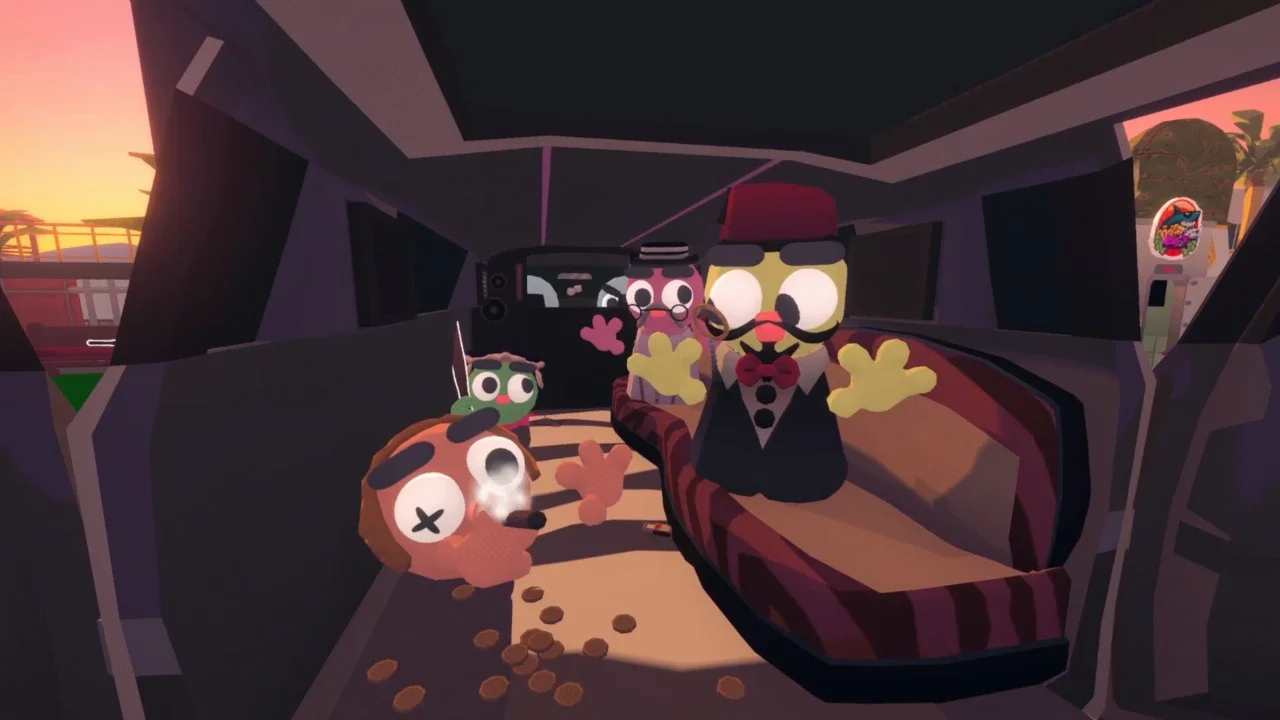 Gamble With Your Friends gameplay screenshot featuring quirky cartoon characters inside a limousine, including a dapper character in a tuxedo and fez and a character head smoking a cigar near scattered coins.