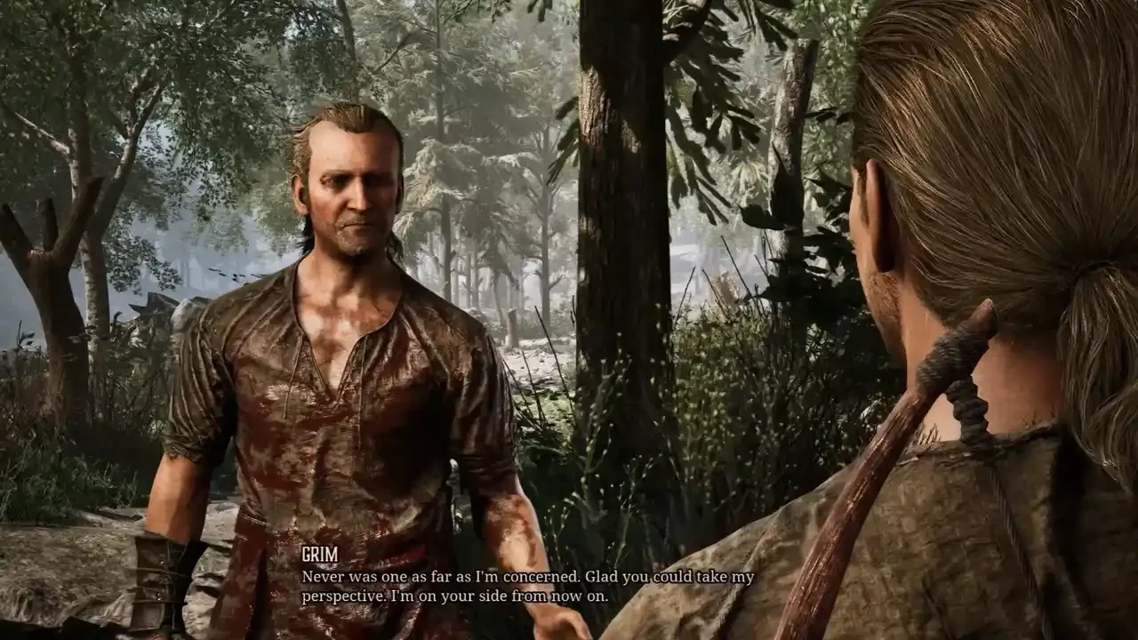 A dialogue sequence from Gothic 1 Remake gameplay showing the character Grim talking to the protagonist in a detailed forest environment.