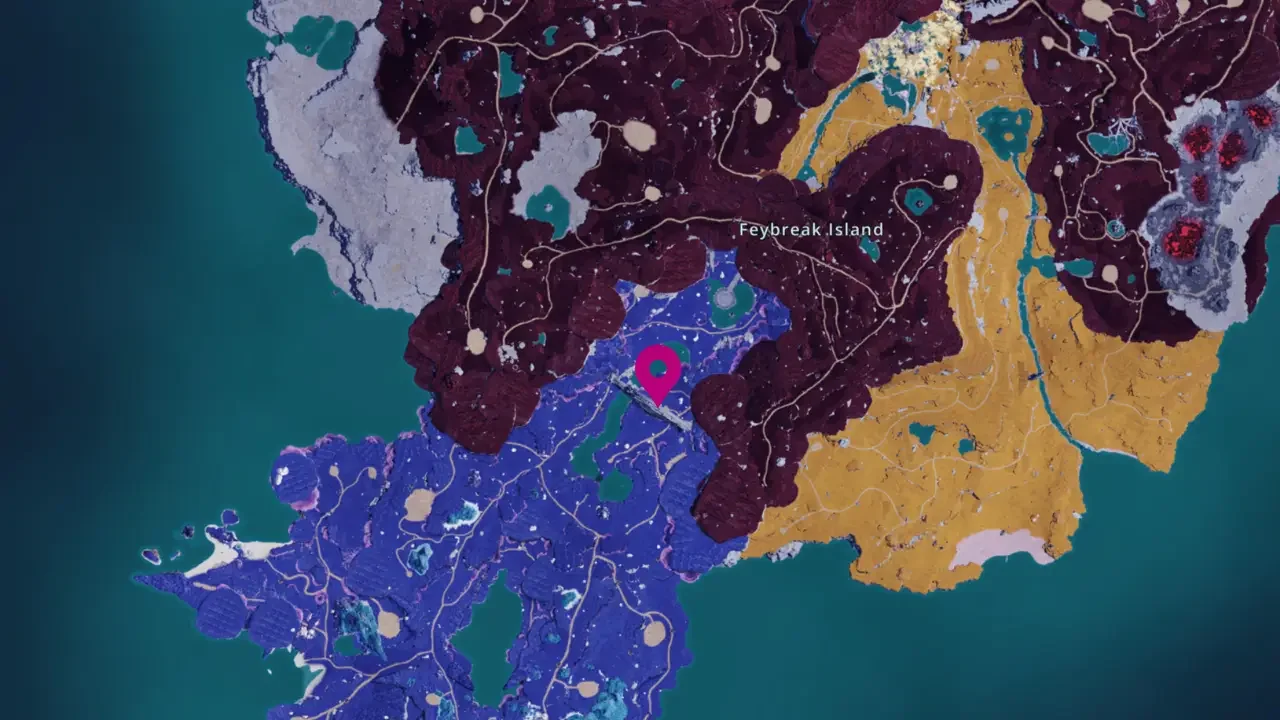 A Palworld 1.0 in-game map screenshot featuring Feybreak Island with a pink location pin marking a specific spot among vibrant regional biomes.