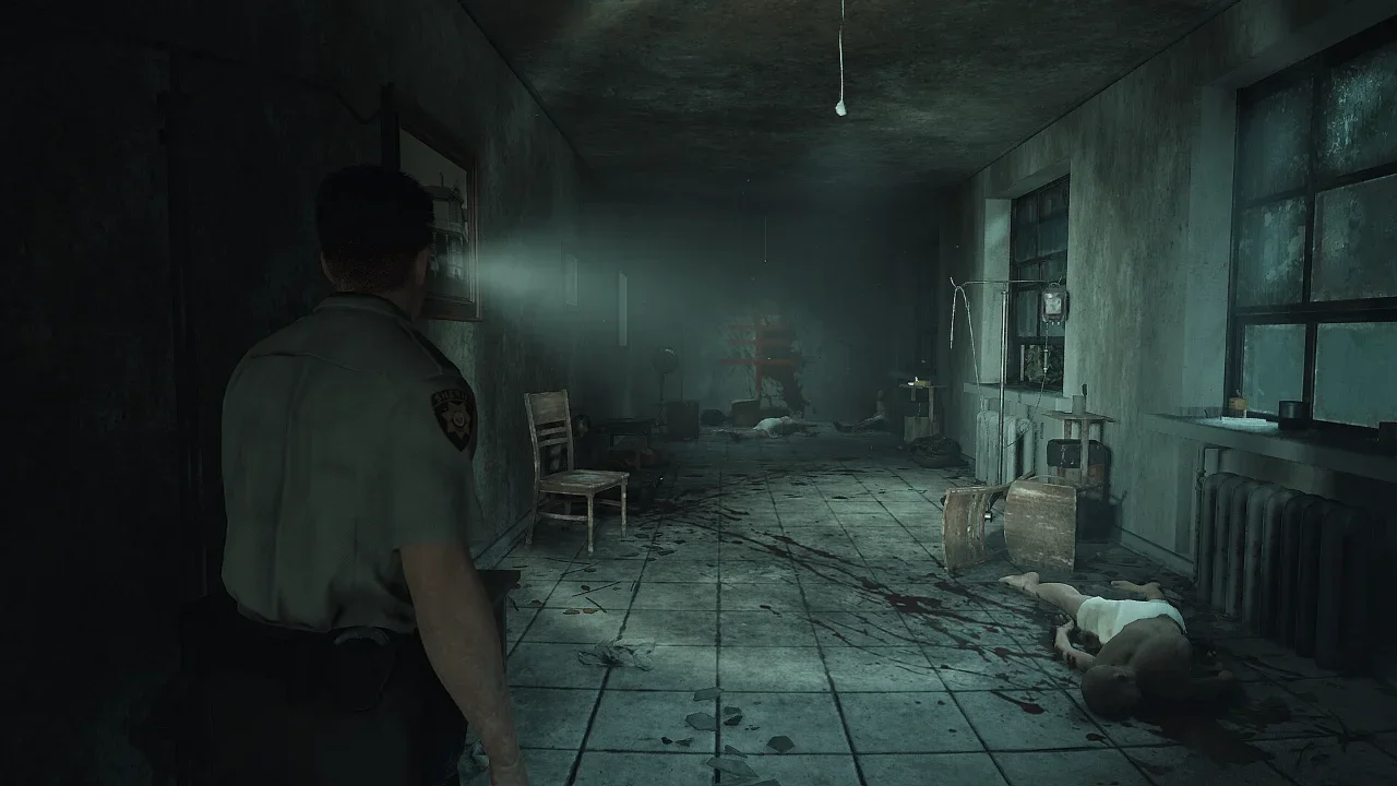 Sheriff character investigating a gruesome, blood-splattered corridor filled with corpses in the survival horror game Fear The Timeloop.