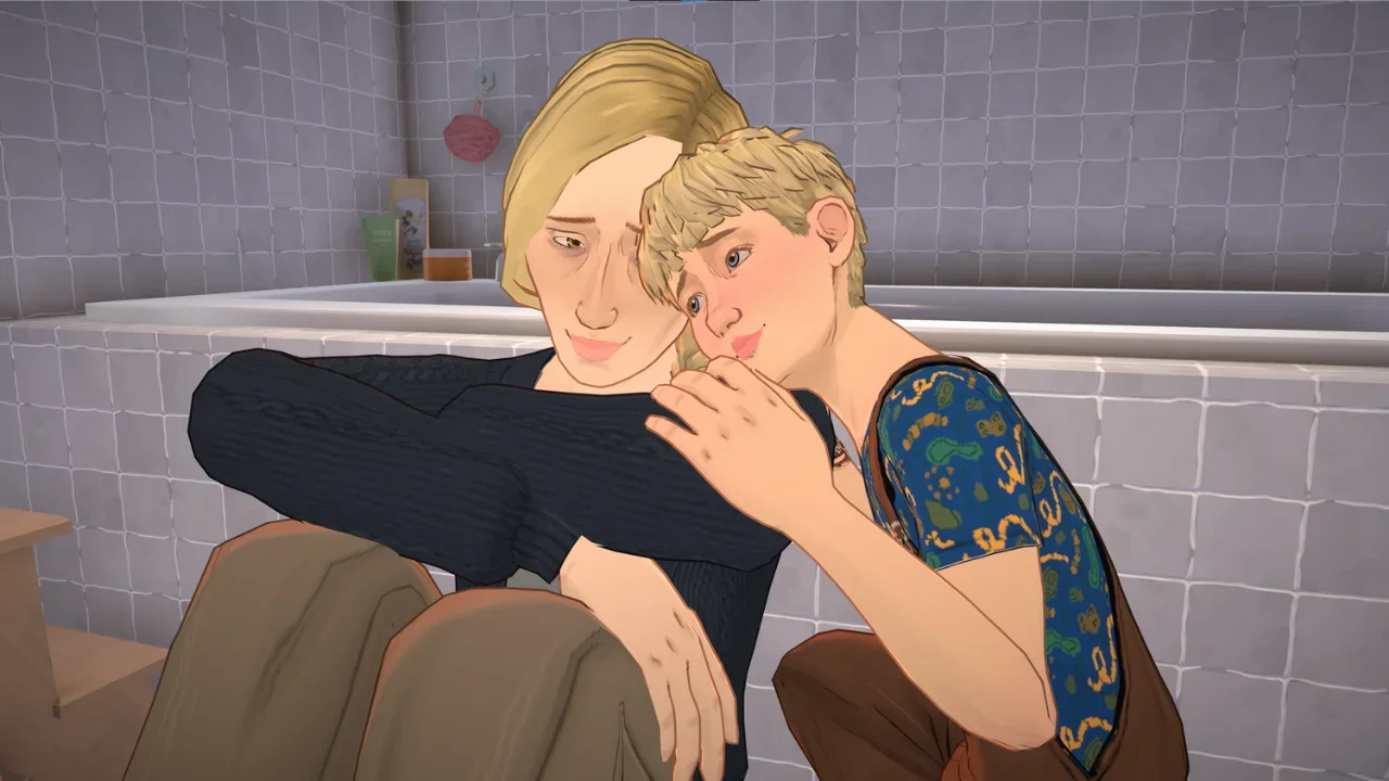 A gameplay screenshot from the life simulation game Paralives featuring a young Parafolk comforting an older character in a bathroom.