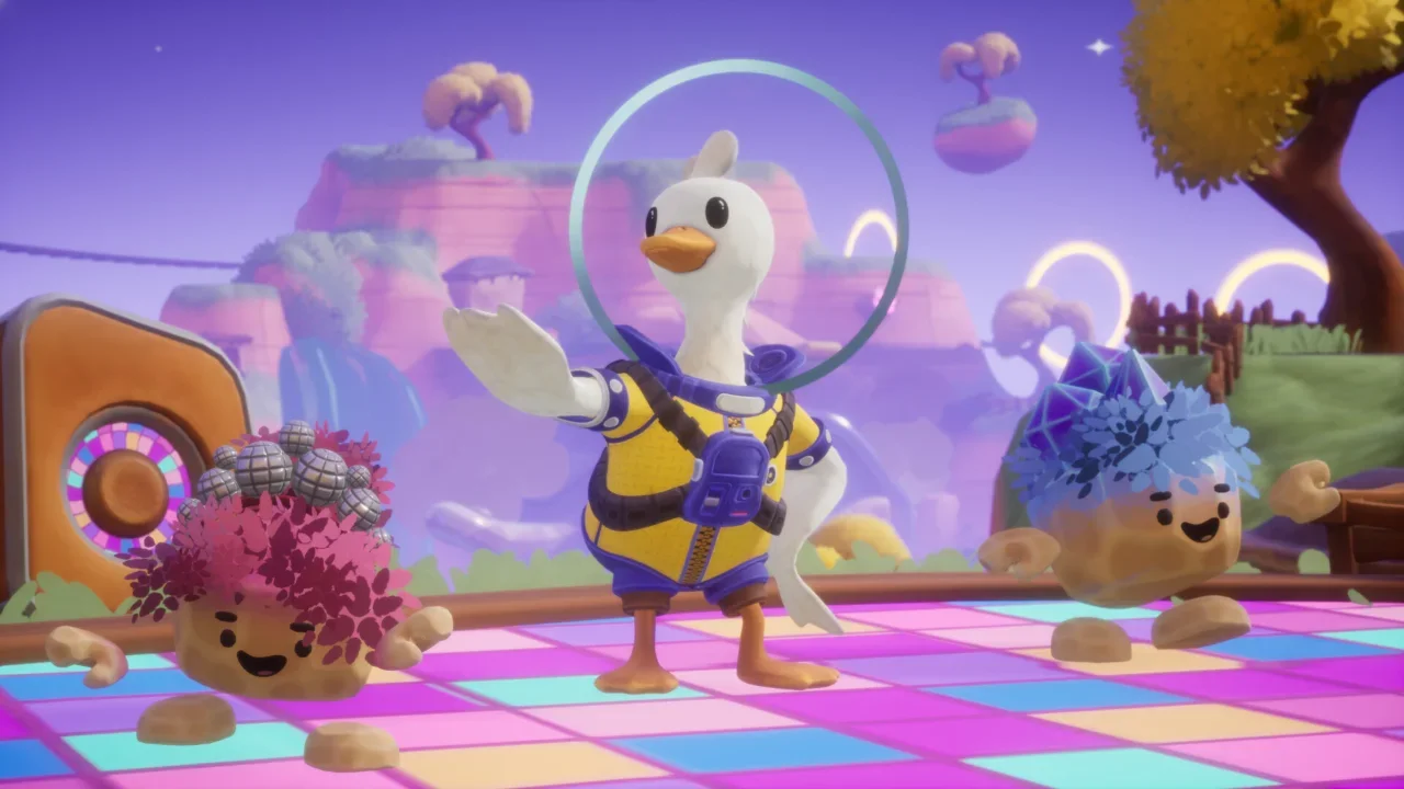 Gameplay screenshot from Duck Side of the Moon featuring a white duck in a spacesuit dancing with two rocky companions on a vibrant, neon-tiled dance floor in a surreal alien world.
