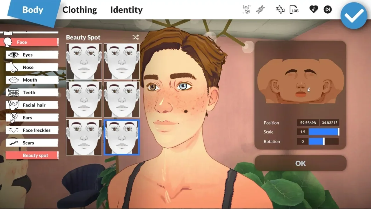 The Paralives Paramaker character creation screen showing detailed facial customization, including heterochromia, freckles, and the beauty spot placement tool.