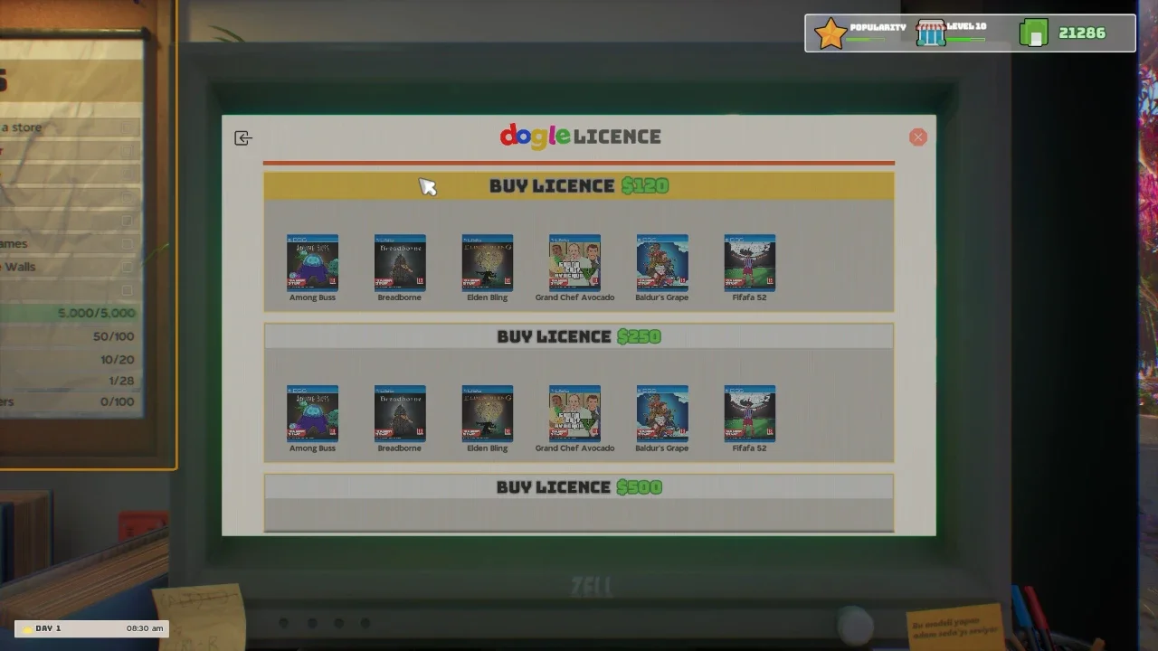 Gamer Stop Simulator screenshot showing the Dogleg Licence screen, displaying parody video game titles like Among Buss, Elden Bling, and Baldur's Grape for purchase.
