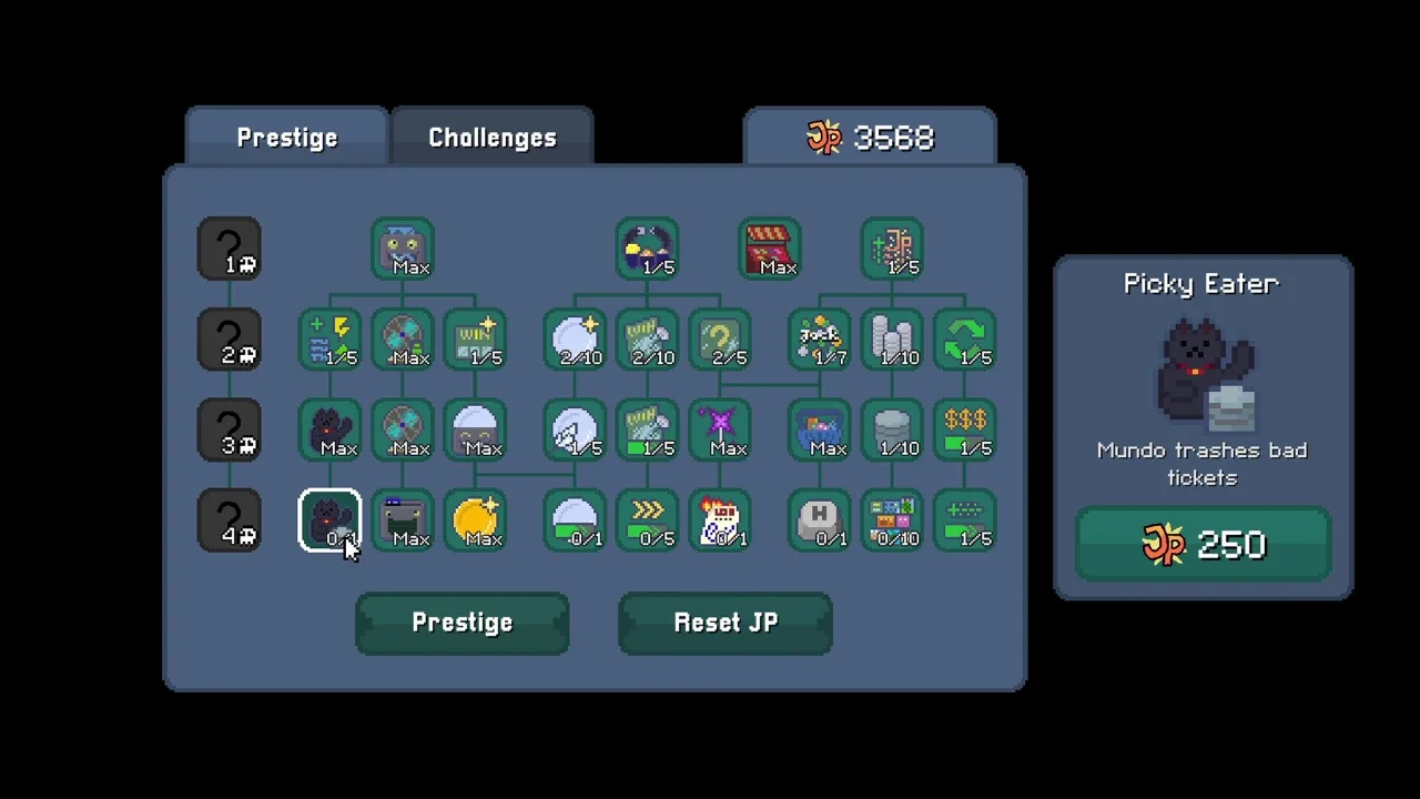 Scritchy Scratchy gameplay screenshot showing the pixel art prestige menu with a branching upgrade tree and details for the "Picky Eater" skill.