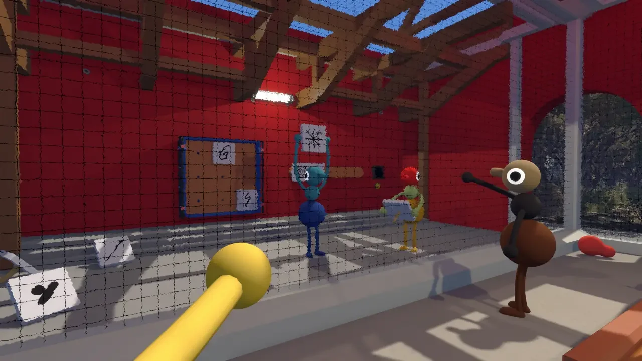 A first-person gameplay screenshot of quirky, round-bodied characters with googly eyes standing in a red-walled enclosure behind a wire mesh fence, showcasing a stylized indie art style.