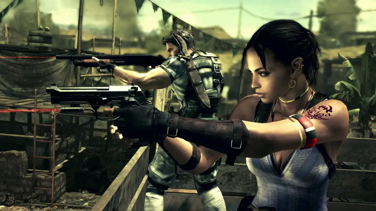 Sheva Alomar aiming a laser-sighted handgun while Chris Redfield covers her with a shotgun in this Resident Evil 5 action gameplay screenshot.
