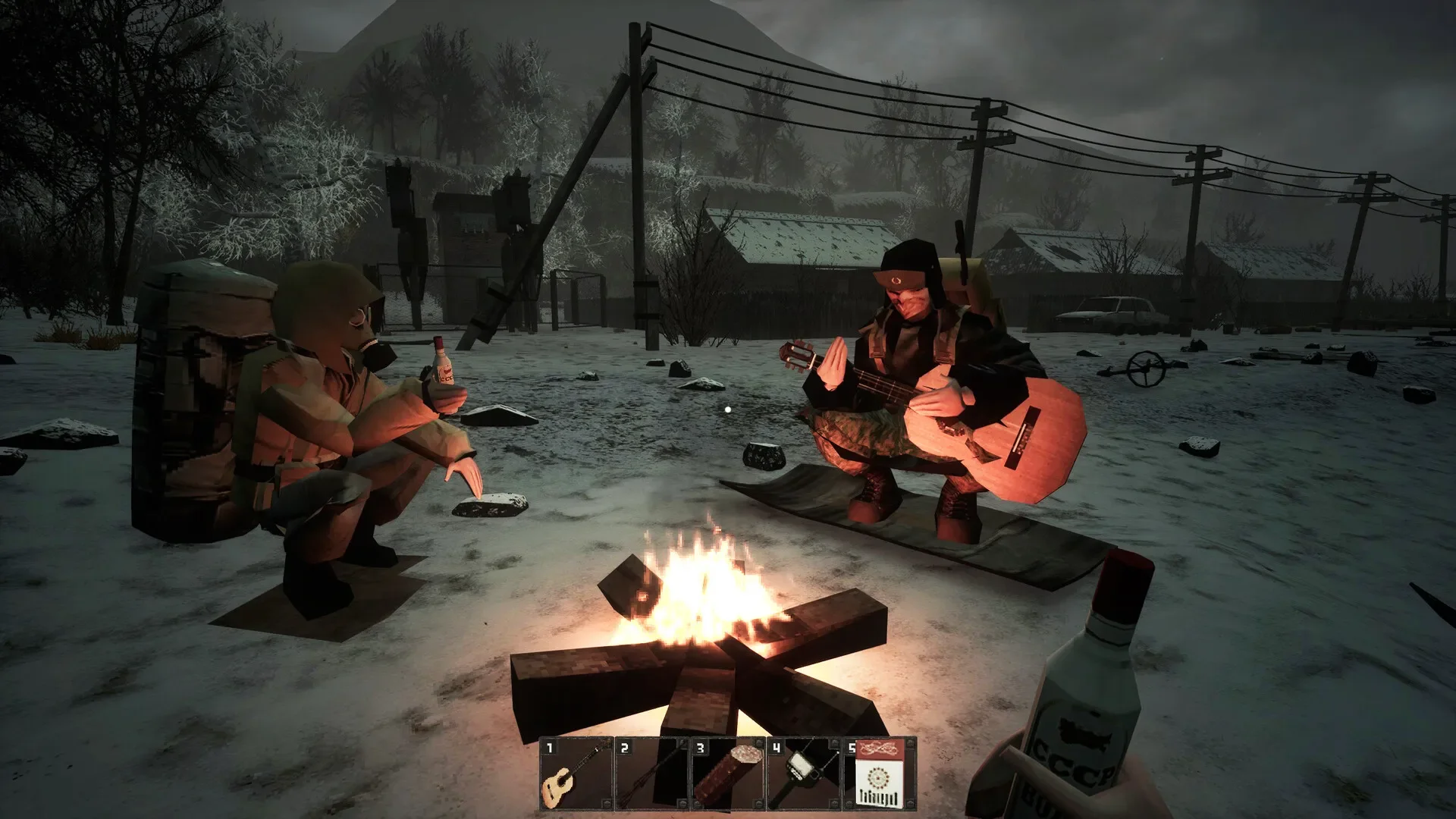 A screenshot from MISERY showing two Zone survivors, one wearing a gas mask, resting by a small campfire in the snow while the other plays an acoustic guitar.
