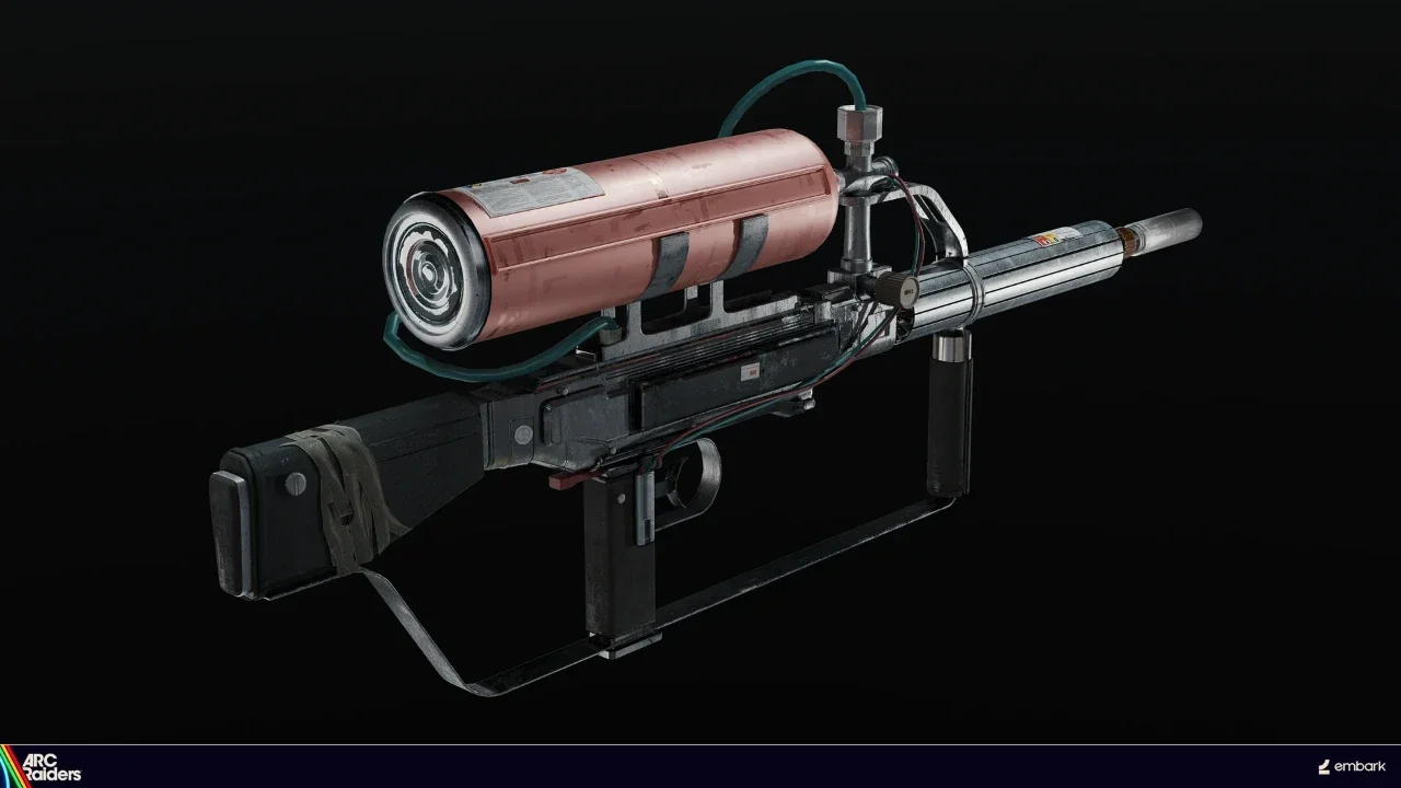 Arc Raiders sci-fi weapon render featuring a gas-powered rifle with a large copper pressurized tank and custom attachments.