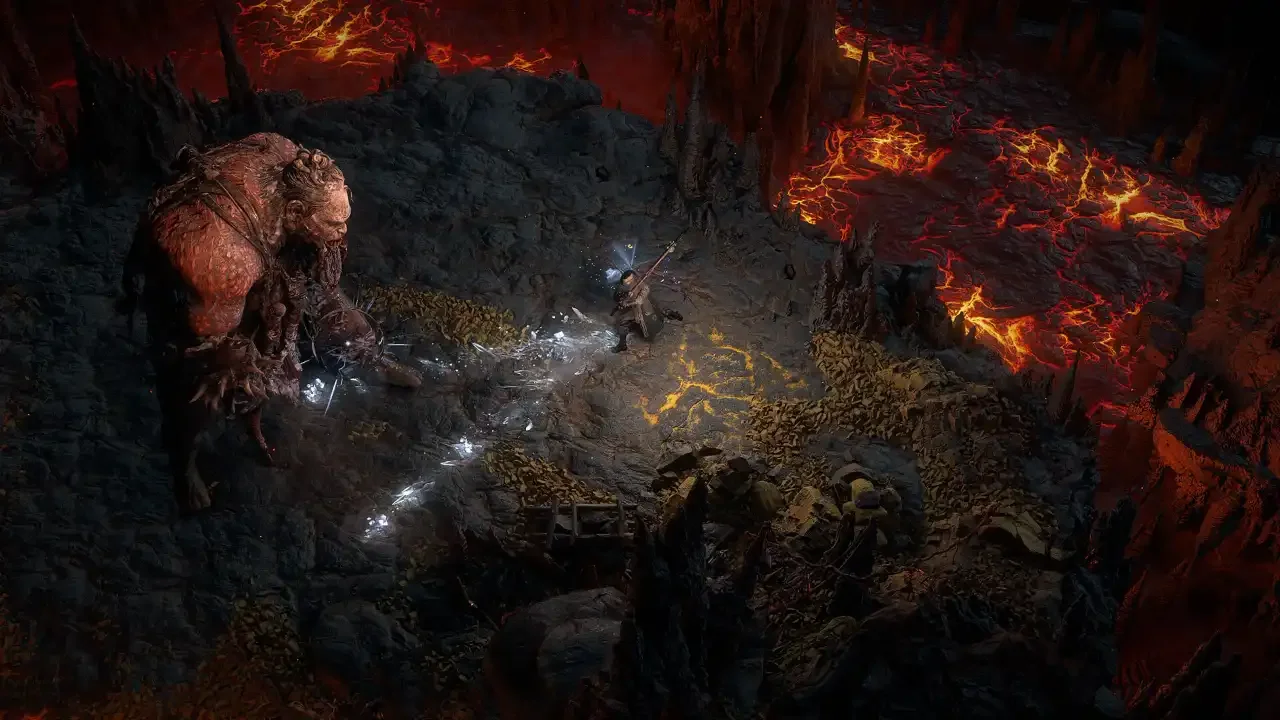 Path of Exile 2 gameplay screenshot of a player character using a staff ability against a giant, red-skinned boss in a dark, lava-filled volcanic cavern.