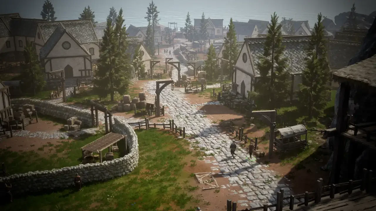 An isometric gameplay view of a bustling medieval seaside town in Valorborn, featuring cobblestone streets, stone houses, and lush evergreen trees.
