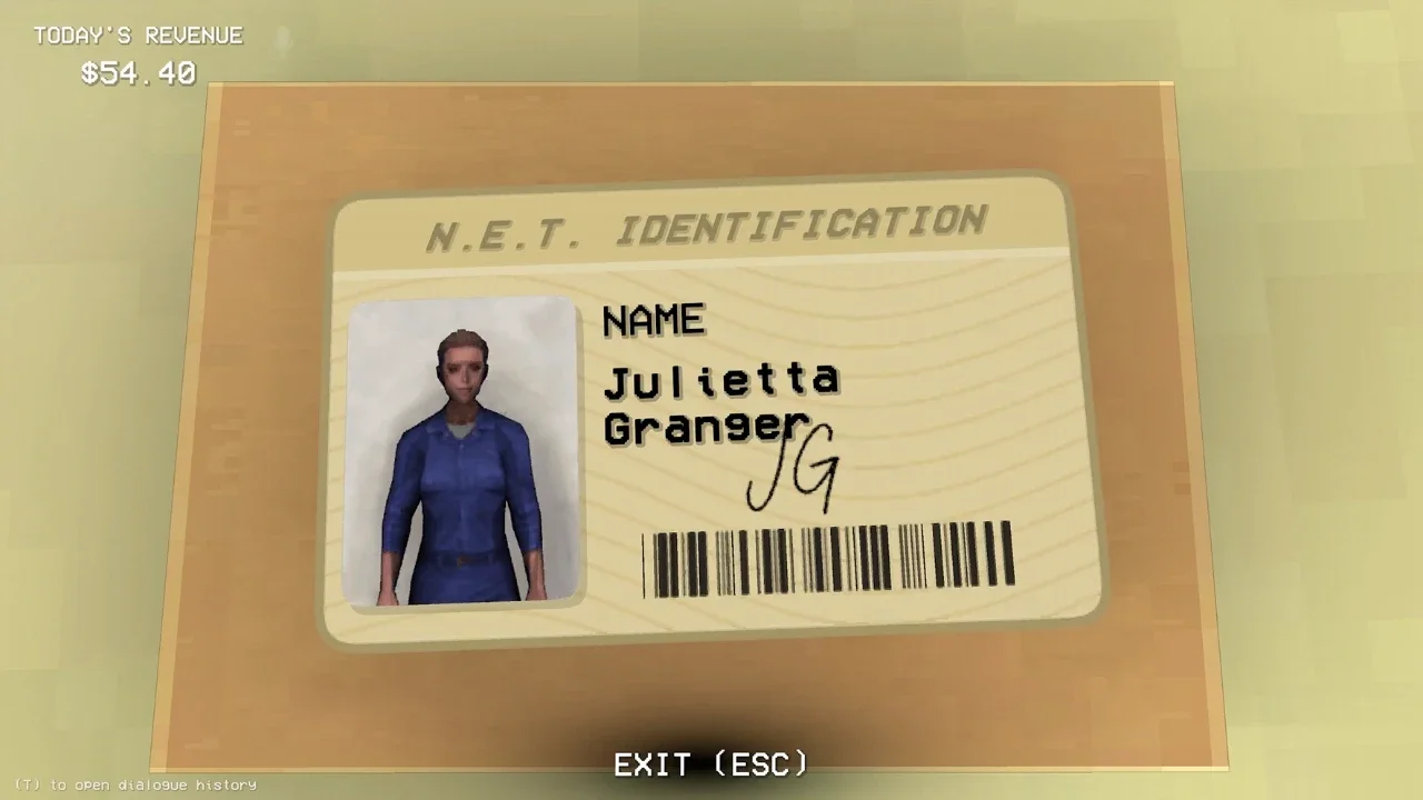 A close-up gameplay screenshot from Shift At Midnight featuring a N.E.T. Identification card for character Julietta Granger, showcasing the game's retro low-poly art style and revenue tracker UI.