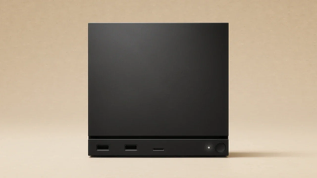 Front-facing view of a minimalist black Valve Steam Machine prototype gaming console featuring front USB ports and a circular power button on a plain tan background.