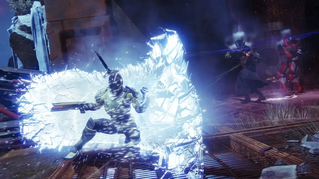 A Destiny 2 Hunter Guardian shattering a glowing Stasis ice crystal wall while holding a hand cannon during a combat encounter.