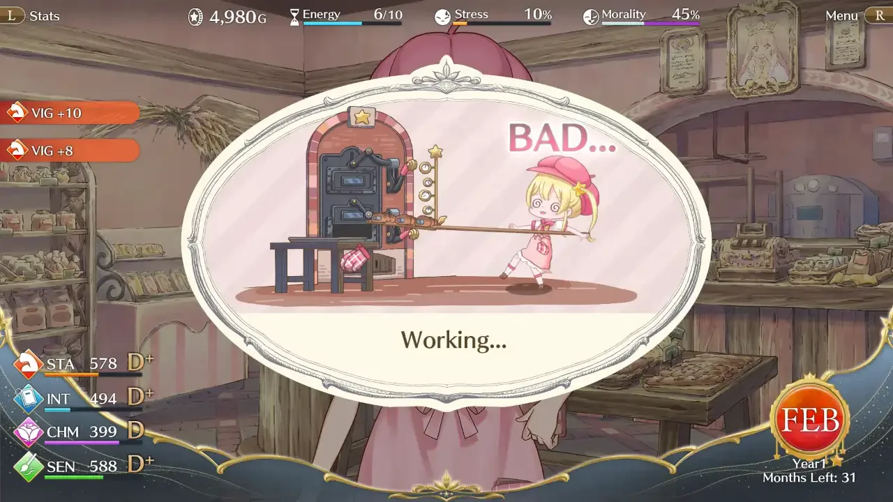 Magical Princess gameplay screenshot showing a chibi character failing a part-time bakery job with "BAD..." text, featuring UI elements for gold, stress, and character attributes.