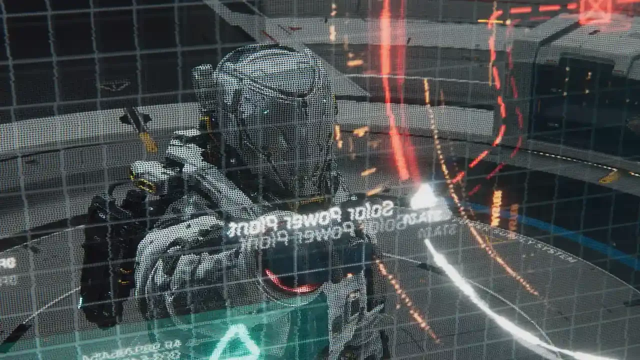 A high-tech armored character in Pragmata viewed through a digital scanline interface with holographic HUD elements and a wireframe grid overlay.