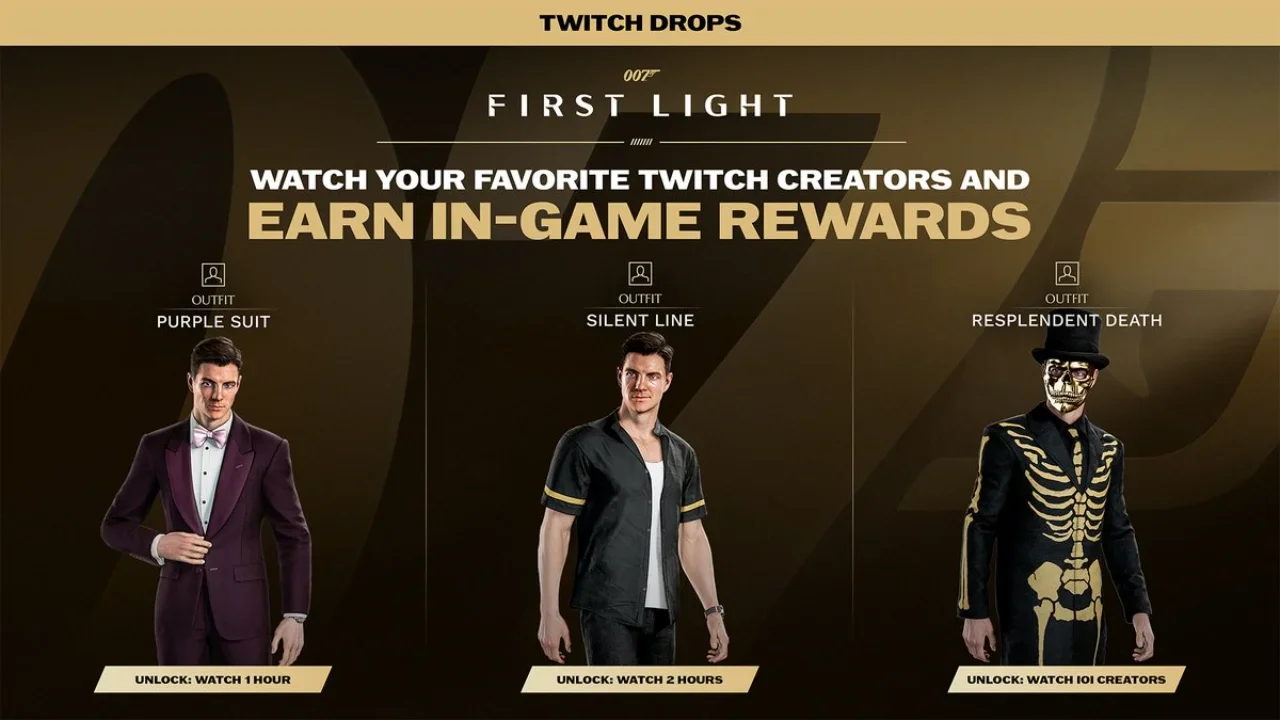 A promotional banner for 007 First Light Twitch Drops showcasing three unlockable character outfits: the Purple Suit, Silent Line, and the gold skeleton-themed Resplendent Death.