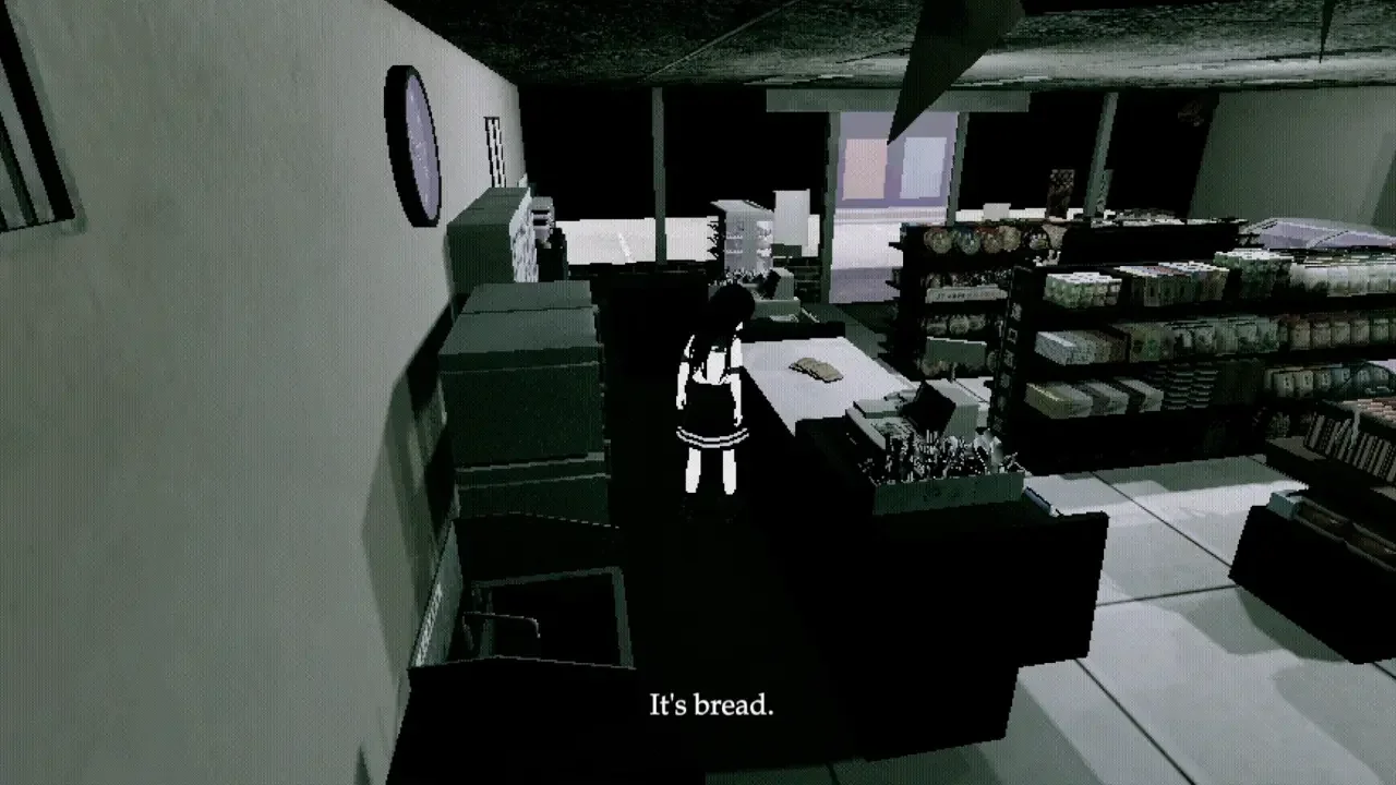 Welcome to Doll Town low-poly gameplay showing the schoolgirl protagonist examining bread on the counter of a dimly lit, monochrome convenience store.