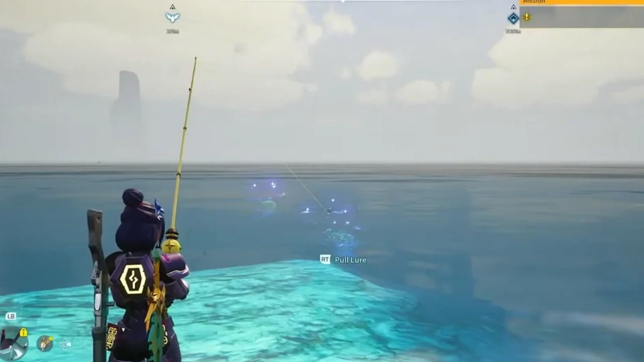 A Palworld player character in purple armor fishing in a calm, misty ocean with a yellow fishing rod.
