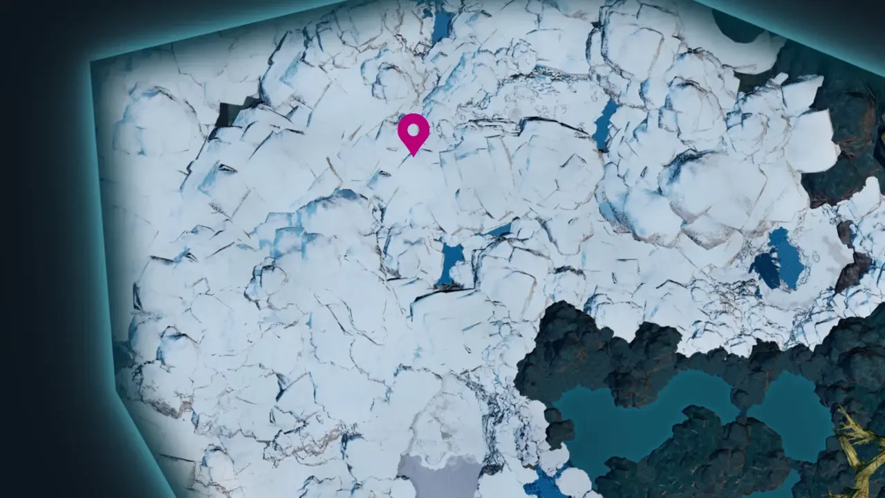 A Palworld 1.0 in-game map screenshot showing a pink location pin marker over a snowy, mountainous terrain within a glowing blue hexagonal frame.