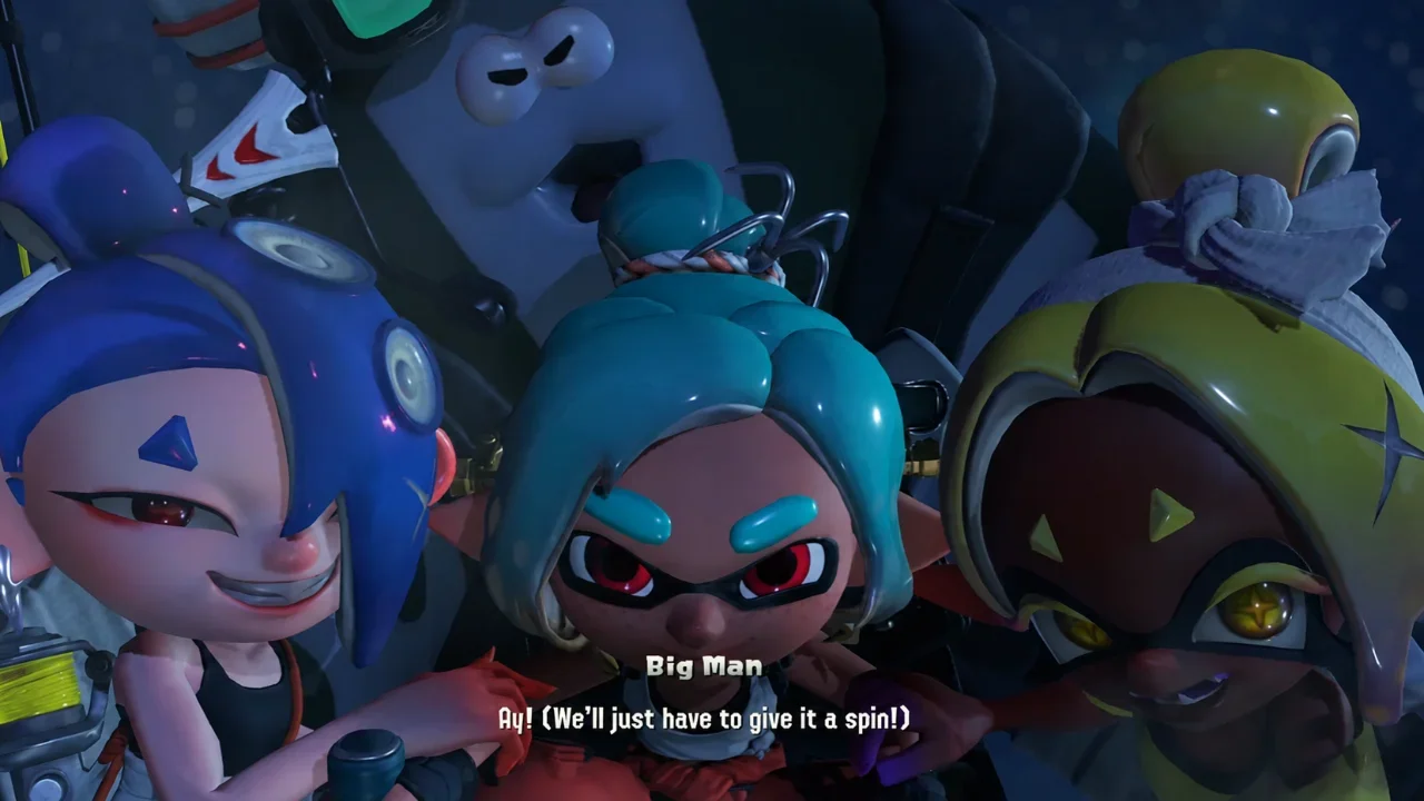 Splatoon Raiders gameplay screenshot featuring characters Shiver, Frye, Big Man, and Agent 8 in a close-up cinematic huddle with subtitles.