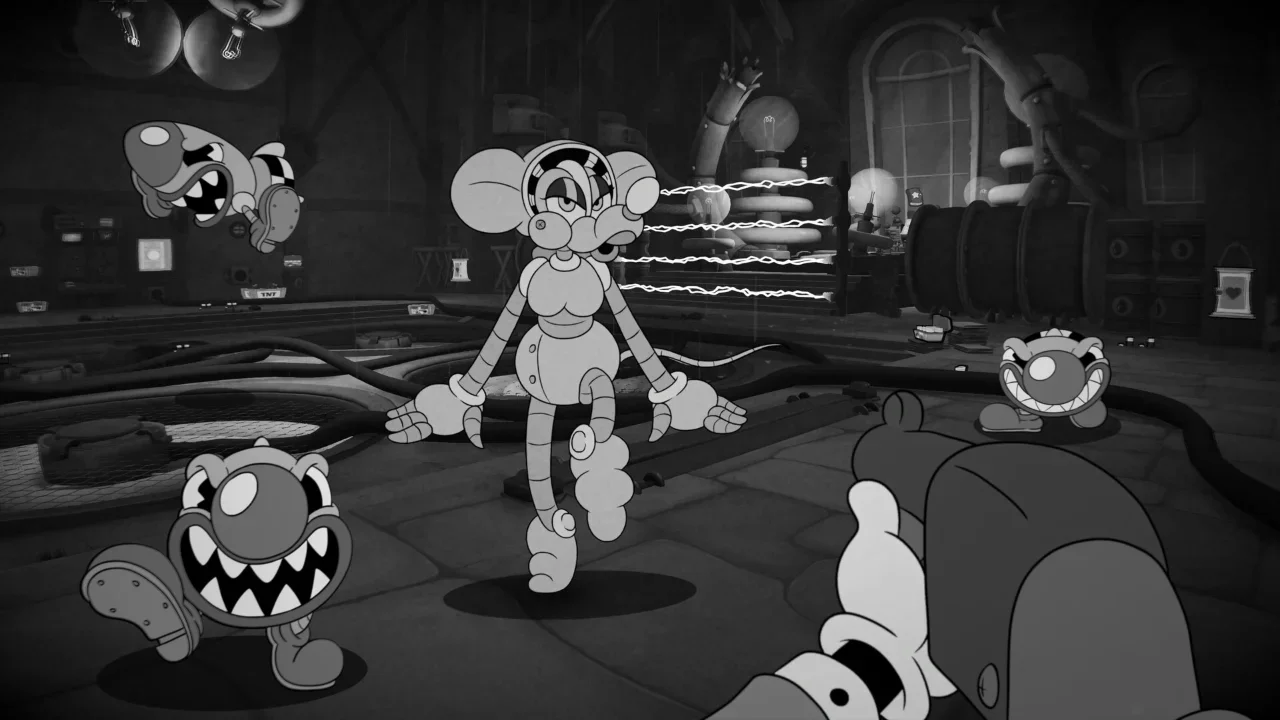 A first-person shooter gameplay screenshot from Mouse P.I. featuring a vintage 1930s black-and-white cartoon style as the player aims a gun at a tall female mouse boss and several sharp-toothed minions in a laboratory.
