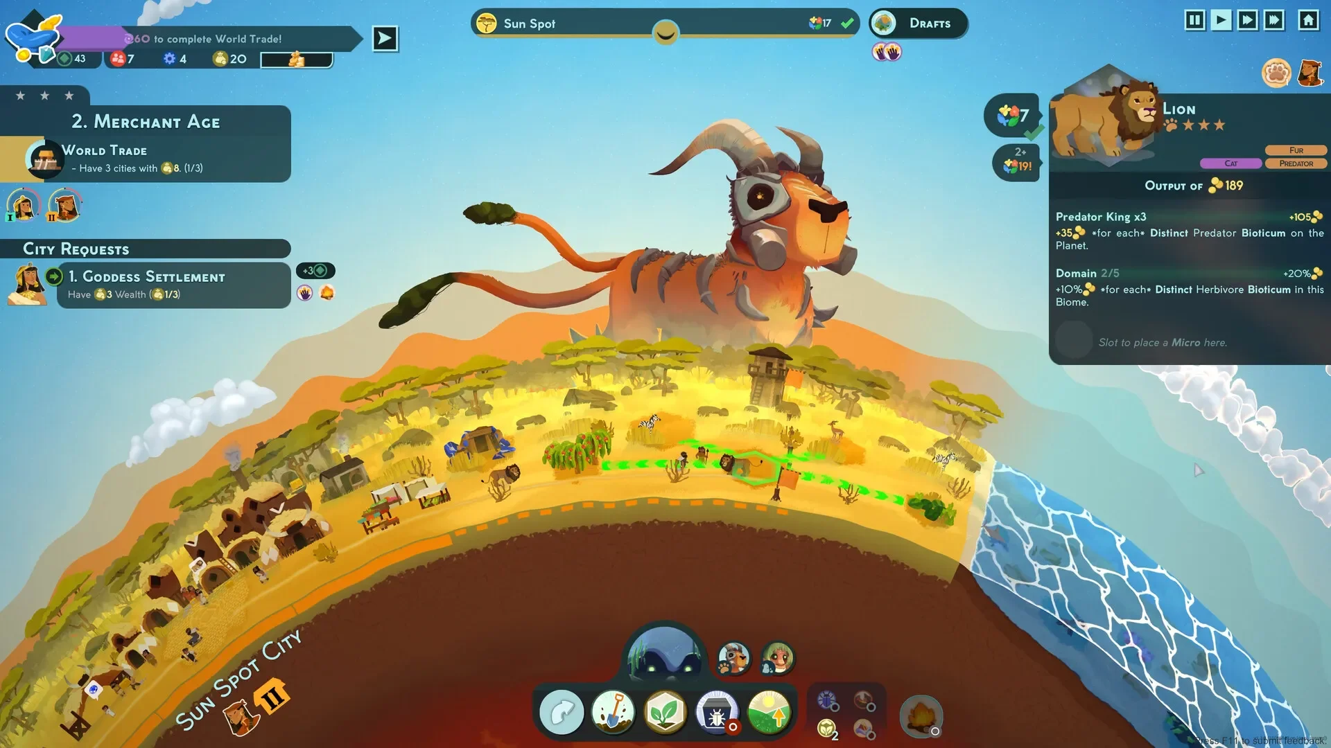 A gameplay screenshot from reus 2 showing the huge, armored tiger giant dominating a desert biome where the Sun Spot City settlement is developing. The UI highlights the resource output details for a Lion bioticum.