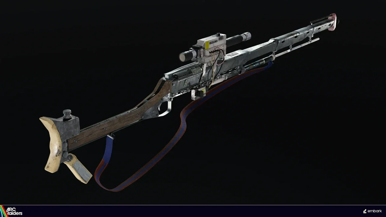 Arc Raiders weapon model featuring a cobbled-together, futuristic sniper rifle with a wooden stock, exposed wiring, and a mounted scope.