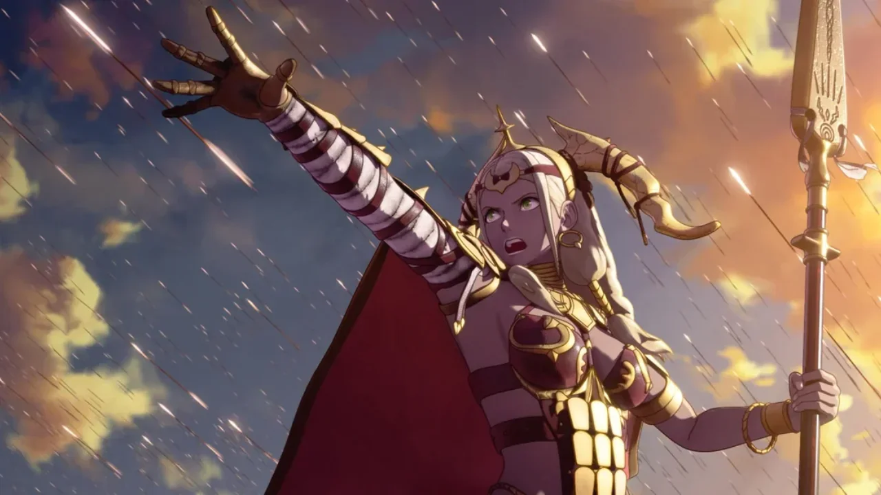 Dramatic Fortune's Weave gameplay screenshot featuring a white-haired female warrior in golden armor reaching out during an intense battle against a sunset sky.
