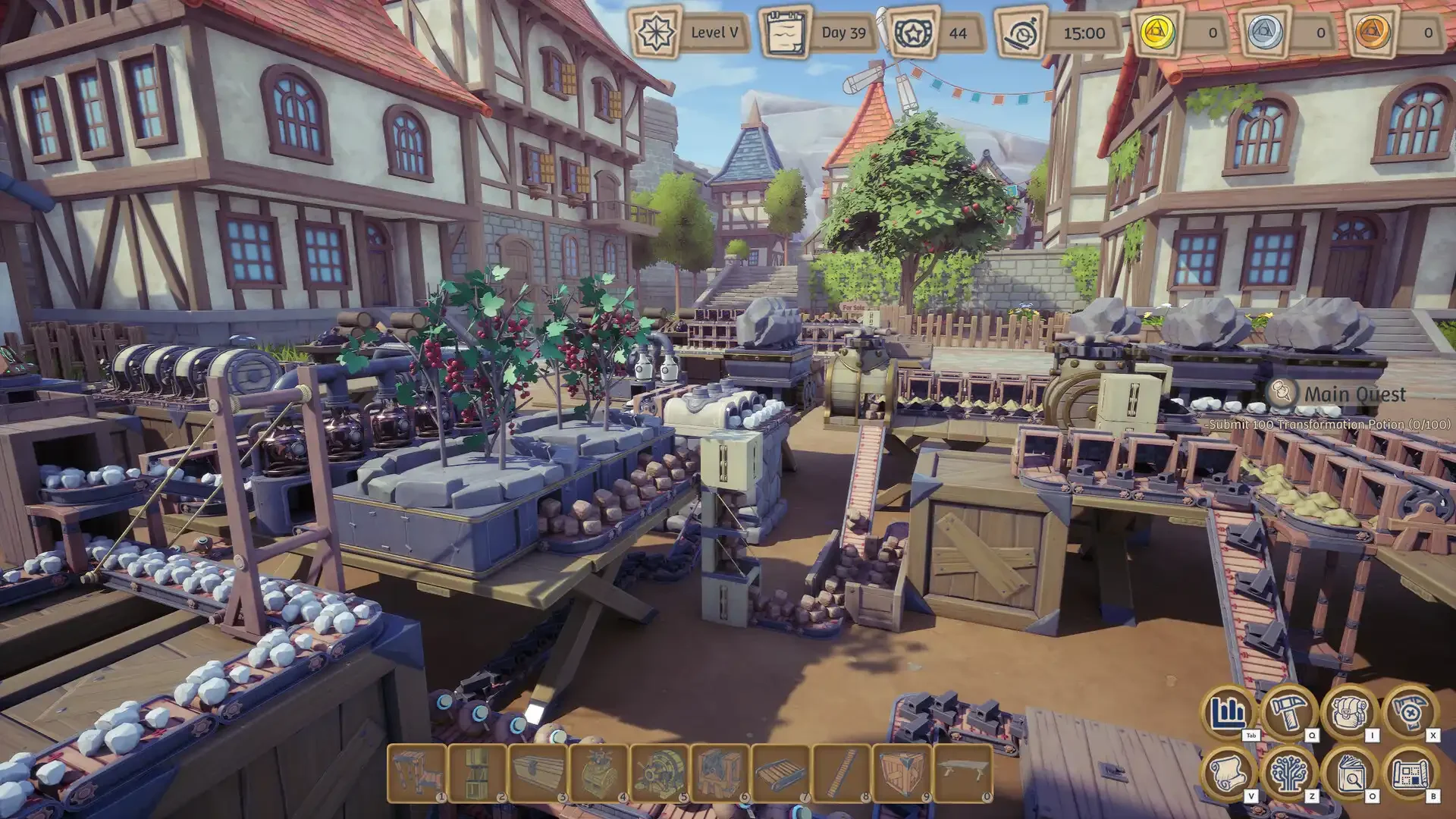 A colorful gameplay screenshot from Alchemy Factory showing a complex, automated production line of conveyor belts, grinders, and sorters processing raw materials in a quaint medieval town square.