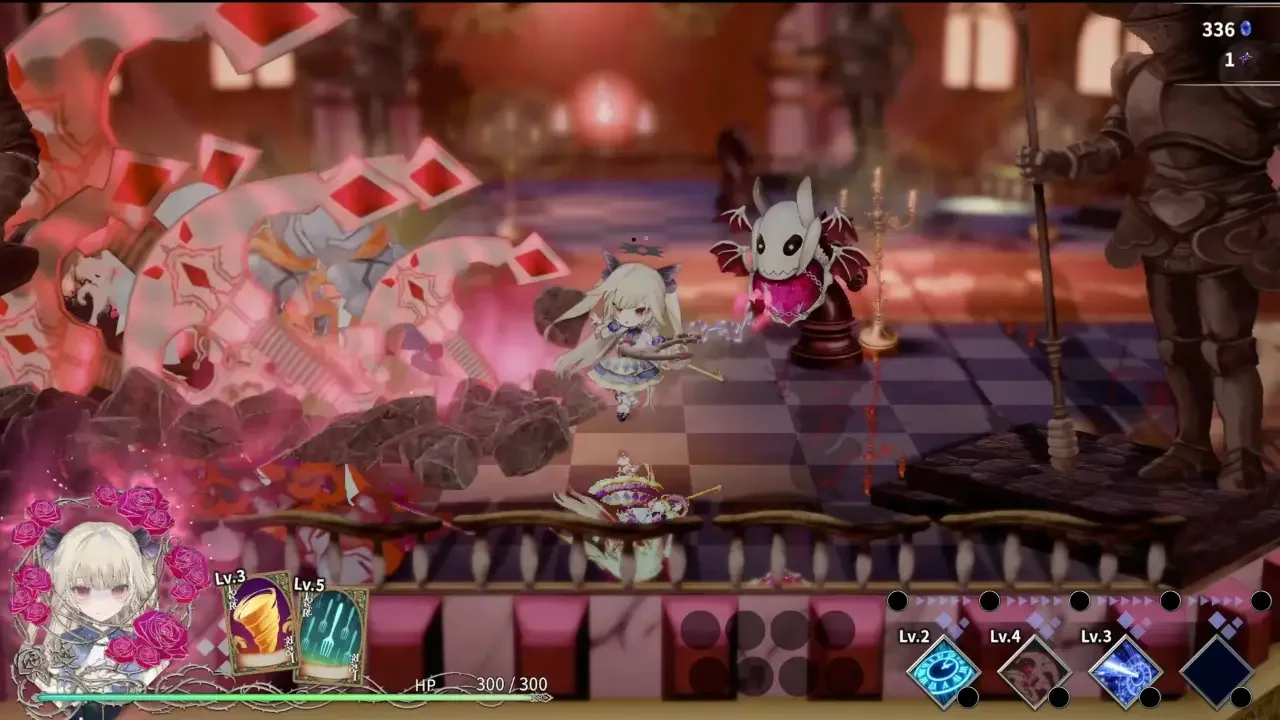 Gameplay screenshot from the action RPG CRYMELIGHT featuring a blonde anime protagonist battling stylized monsters in a gothic, checkered-floor room with detailed UI elements.