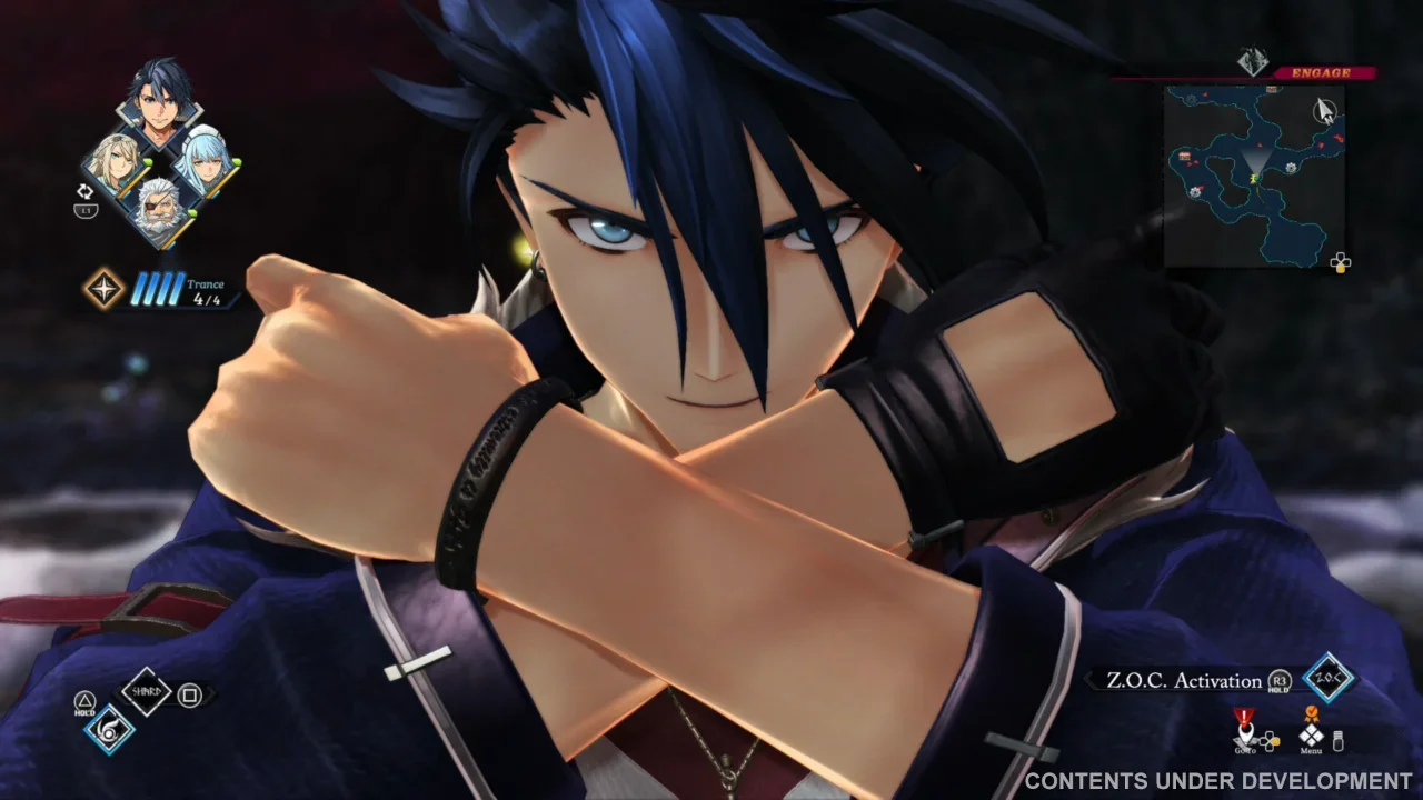 Close-up of Trails Beyond the Horizon protagonist crossing his arms dramatically, ready to activate Z.O.C. ability, with party member portraits visible.