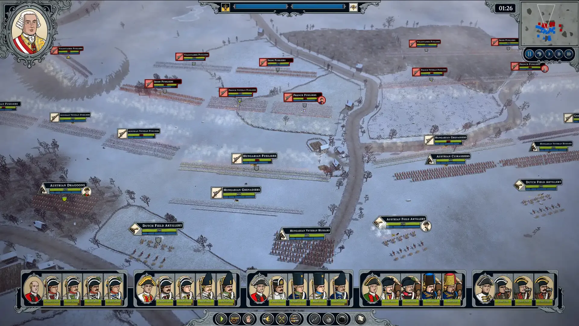 A large-scale winter battle from Master of Command, featuring massed Napoleonic-era infantry and cavalry units like Hungarian Fusiliers and Austrian Dragoons facing off on a snow-covered field.